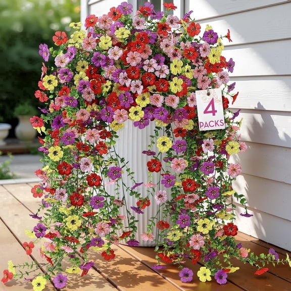 Alupssuc 4 Pcs Artificial Spring Flowers, UV Resistant Fake Hanging Plants Faux Silk Violets for Outdoors Decoration, Red, Purple, Yellow and Pink
