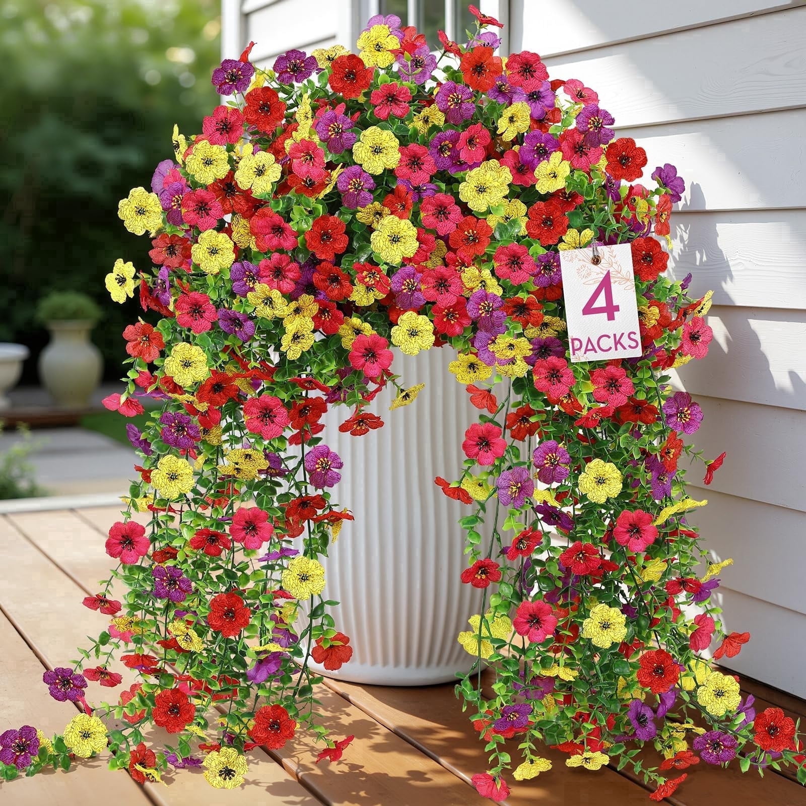 Alupssuc 4 Pcs Artificial Spring Flowers, UV Resistant Fake Hanging Plants Faux Silk Violets for Outdoors Decoration, Red, Rose, Purple, Yellow