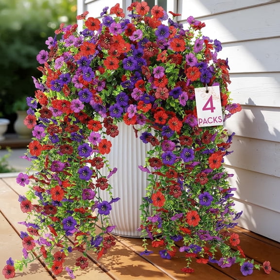 Alupssuc 4 Pcs Artificial Spring Flowers, UV Resistant Fake Hanging Plants Faux Silk Violets for Outdoors Decoration, Red, Brown, Purple, Deep Purple