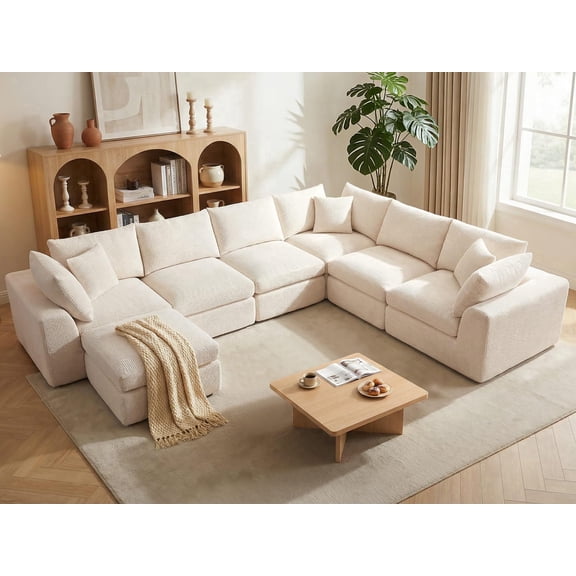 Alupssuc Oversized Cloud Sectional Couches for Living Room, L-Shaped Convertible Sofa, 7-Seat Modular Boneless Couch with Movable Ottoman, Beige