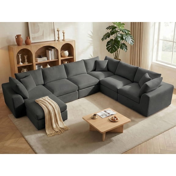 Alupssuc Oversized Cloud Sectional Couches for Living Room, L-Shaped Convertible Sofa, 7-Seat Modular Boneless Couch with Movable Ottoman, Darkgrey