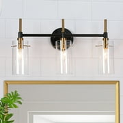 Alva Black Gold Modern Vanity Lights 3-Light Cylinder Clear Glass Shades Bathroom Light Fixture Wall Sconce 40 Black Brass 19.5" L x 6" W x 11" H