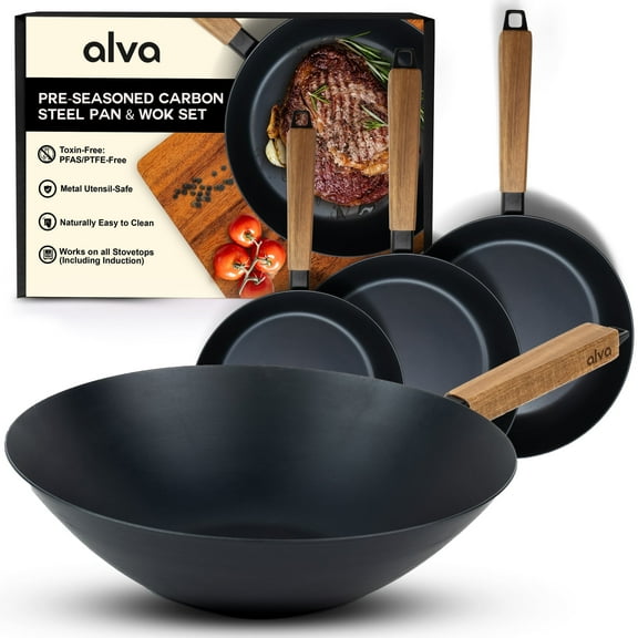 Alva Forest Naturally Nonstick Carbon Steel Frying Pan 4-Piece Set - Acacia Wood Handle, Pre-Seasoned and Made w/o Harmful Chemicals - Induction & All Stovetop Compatible with Even Heat Distribution
