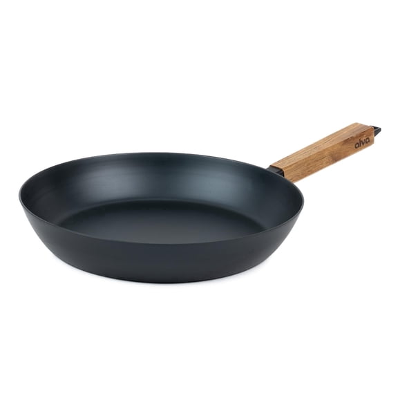 Alva Forest Naturally Nonstick Carbon Steel Frying Pan 9.5" - Acacia Wood Handle, Pre-Seasoned and Made without Harmful Chemicals - Induction and All Stovetop Compatible with Even Heat Distribution