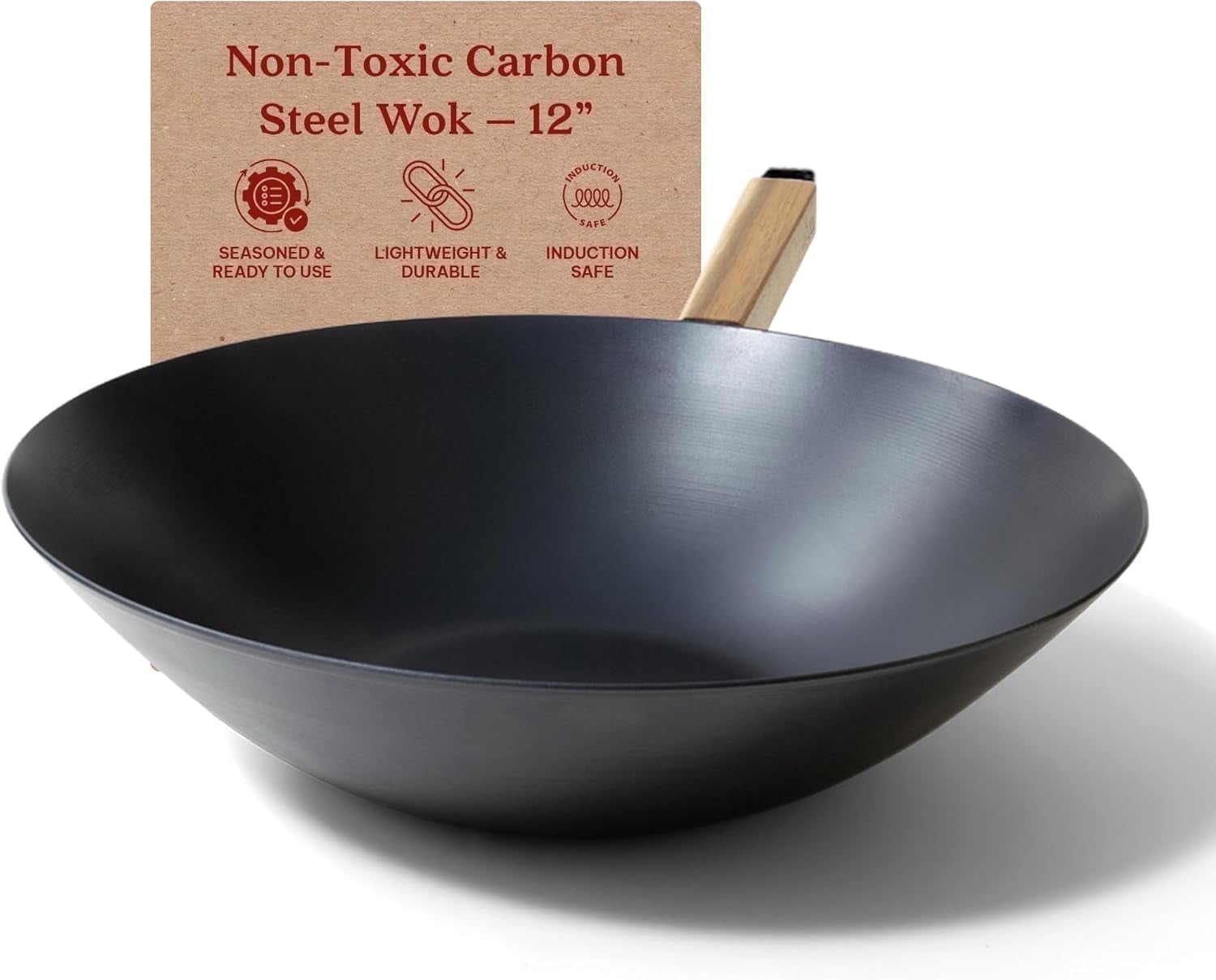 Alva Forest 12" Nonstick Carbon Steel Wok with Acacia Handle