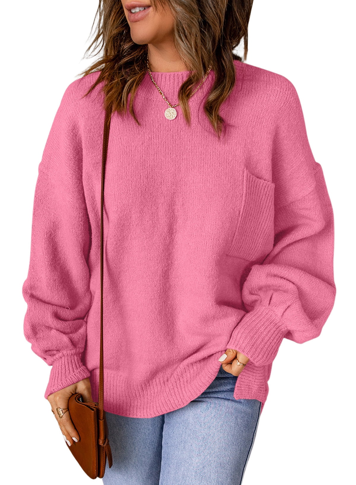 AlvaQ Women's Crewneck Sweater 2023 Fall Oversized Ribbed Knit Pullover