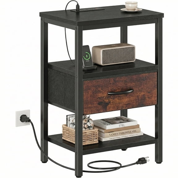 Alvantar Bedside Table Charging Station Nightstand with USB/C Ports, Adjustable Drawers, 3-Tier Storage Shelf