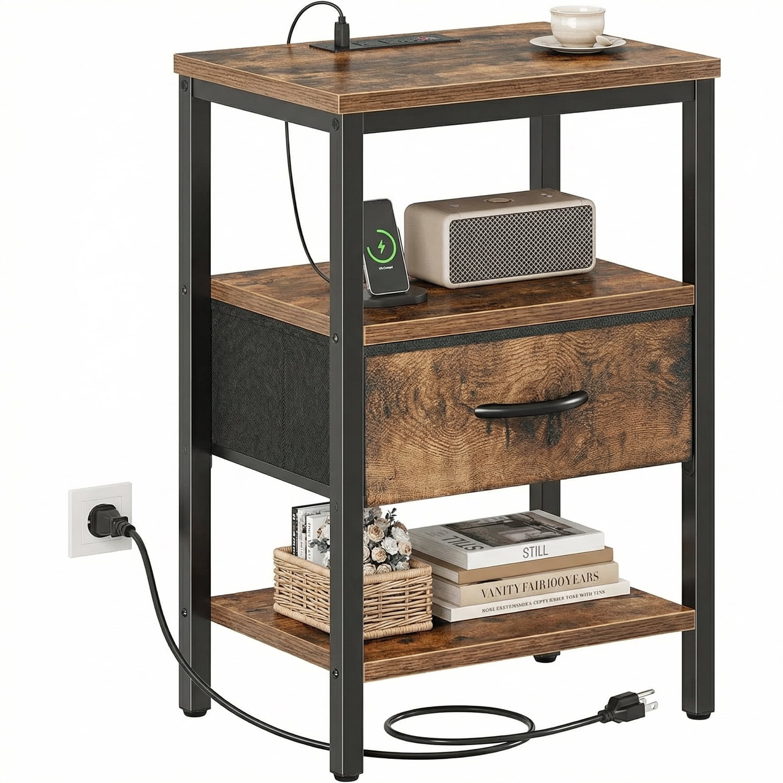 Alvantar Bedside Table Charging Station Nightstand with USB/C Ports, Adjustable Drawers, 3-Tier Storage Shelf