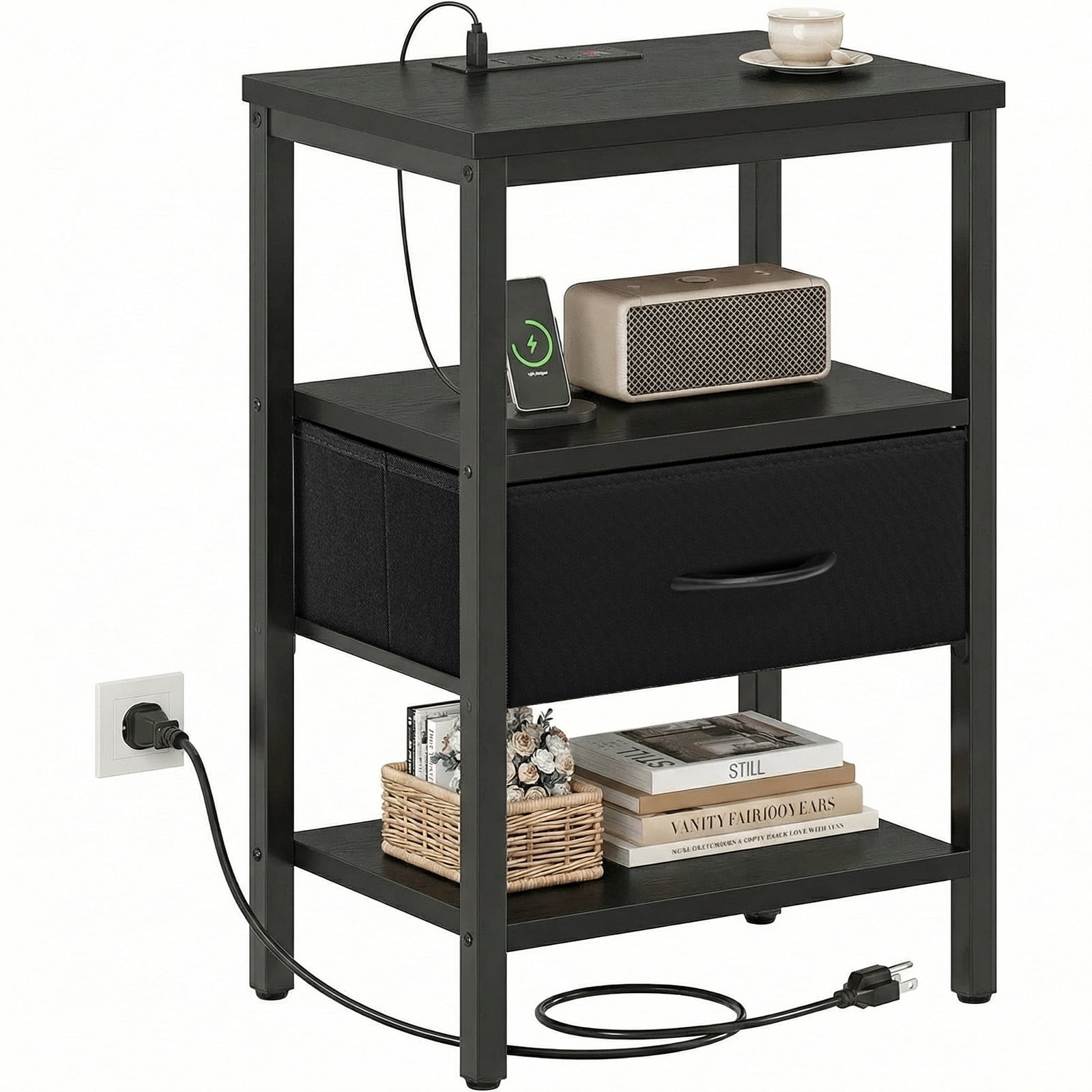 Alvantar Bedside Table Charging Station Nightstand with USB/C Ports, Adjustable Drawers, 3-Tier Storage Shelf