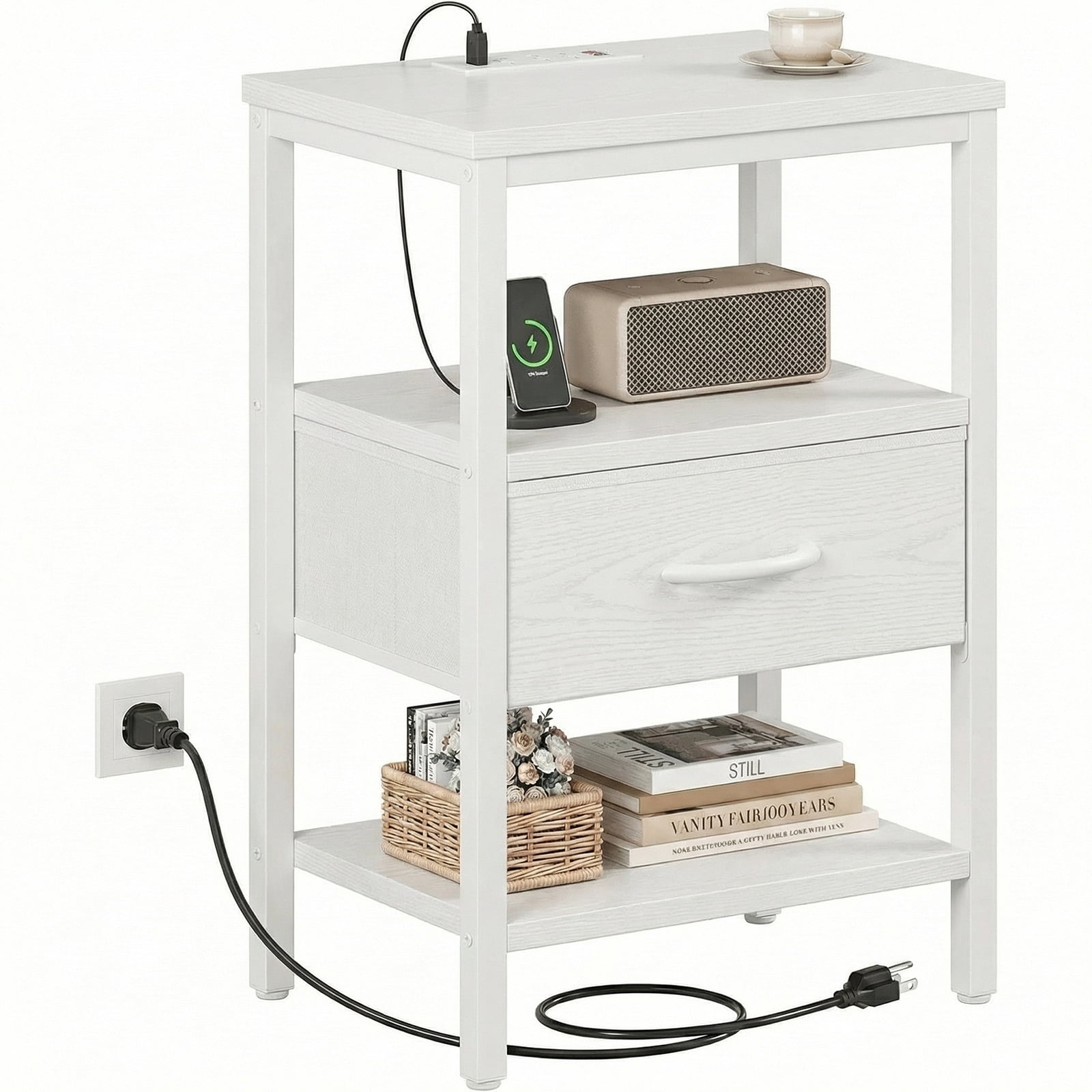 Alvantar Bedside Table Charging Station Nightstand with USB/C Ports, Adjustable Drawers, 3-Tier Storage Shelf