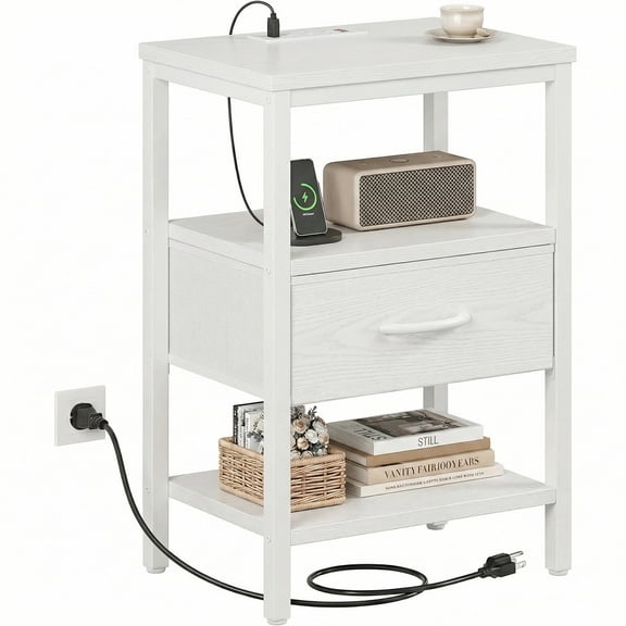 Alvantar Bedside Table Charging Station Nightstand with USB/C Ports, Adjustable Drawers, 3-Tier Storage Shelf