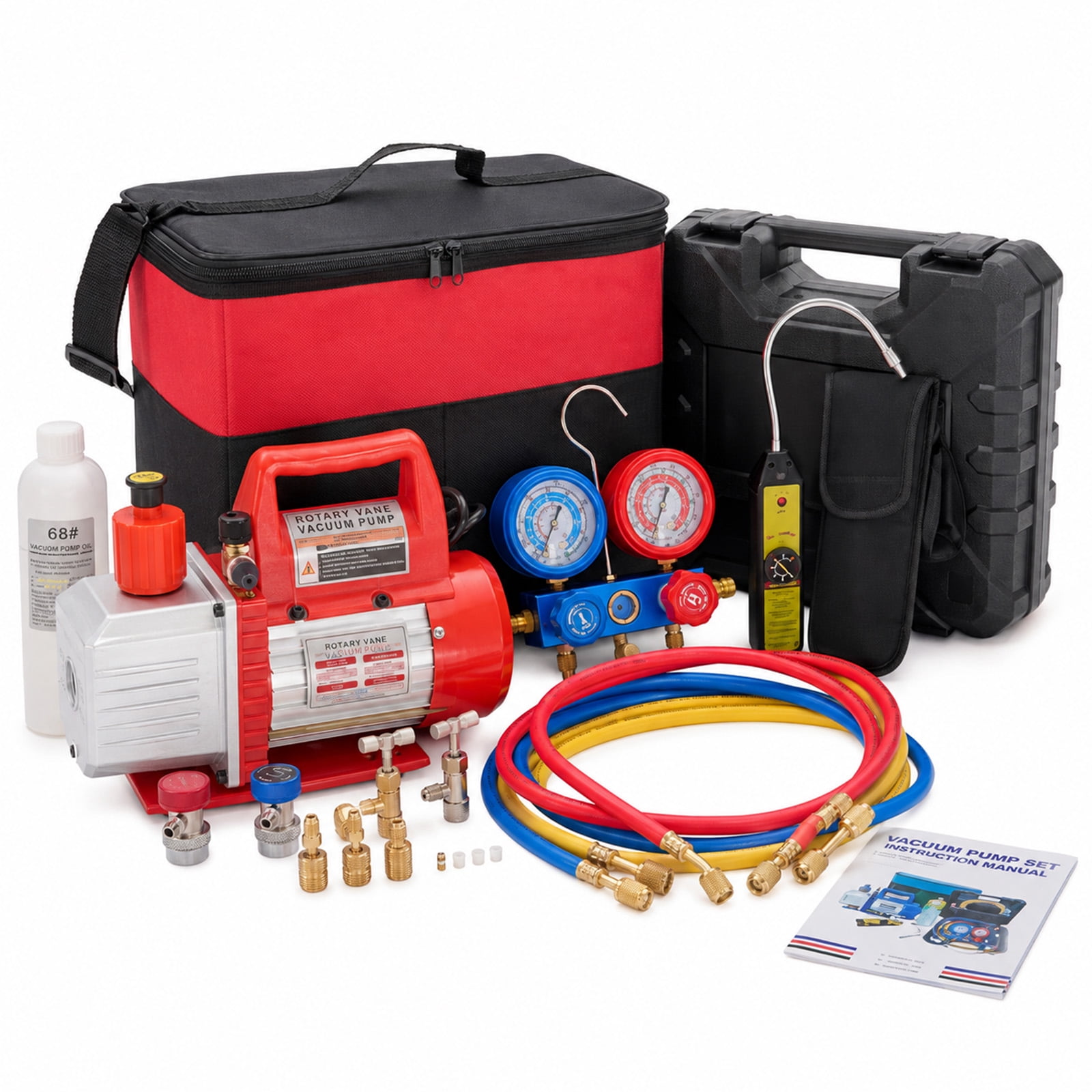 Alvantor 1/3HP 4CFM Vacuum Pump Kit with R13a R410A R22 R112 R410A Manifold Gauge Set, Leak Detector, R134a Quick Couplers, Can Tap & Carry Bag for AC Refrigeration Recharge