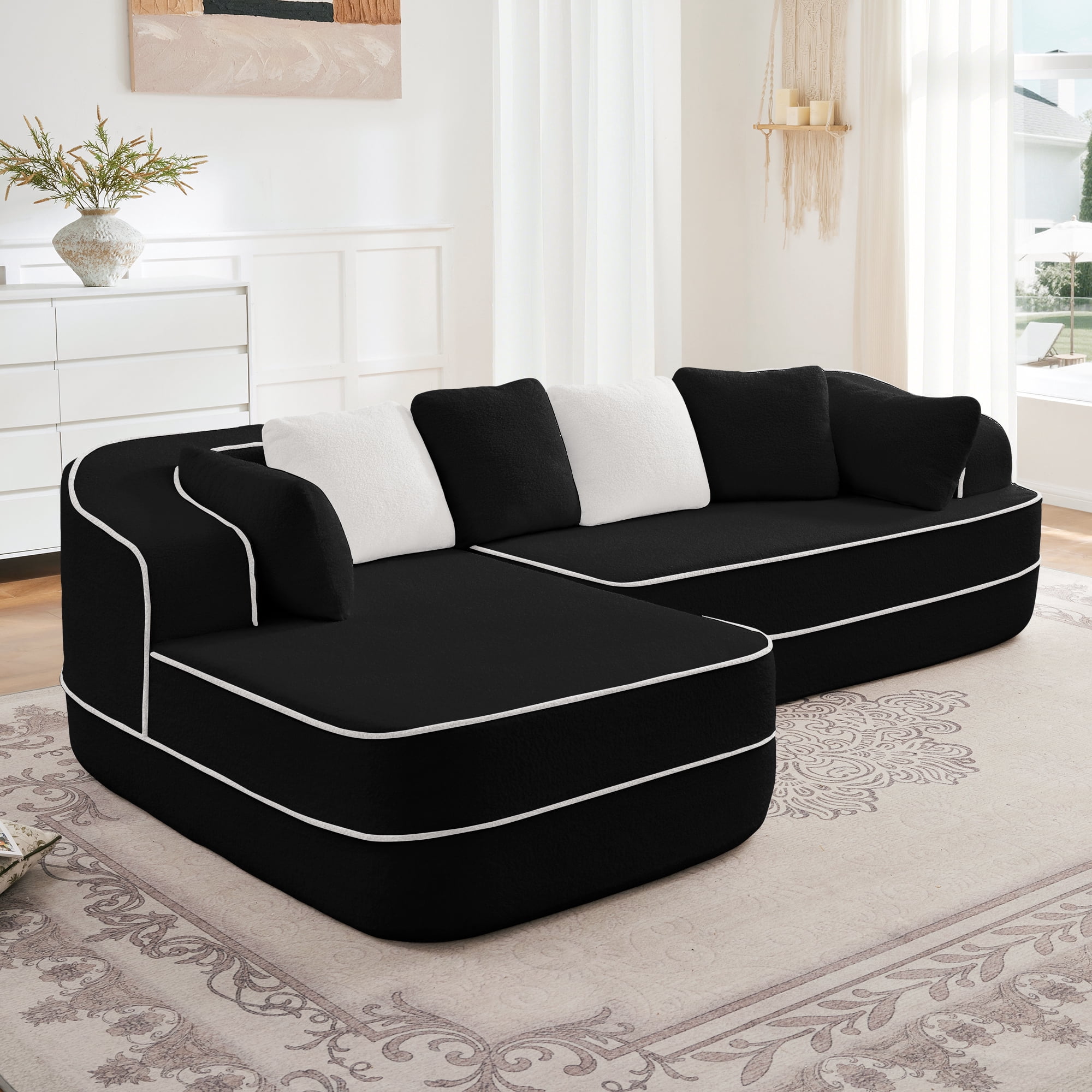 Alvantor 106"Cloud Sectional Couch with Chaise, L-Shape Teddy Fabric Boneless Sofa with Deep Seat, Modern 3-Seat Upholstered Sofa for Living Room,Left Black