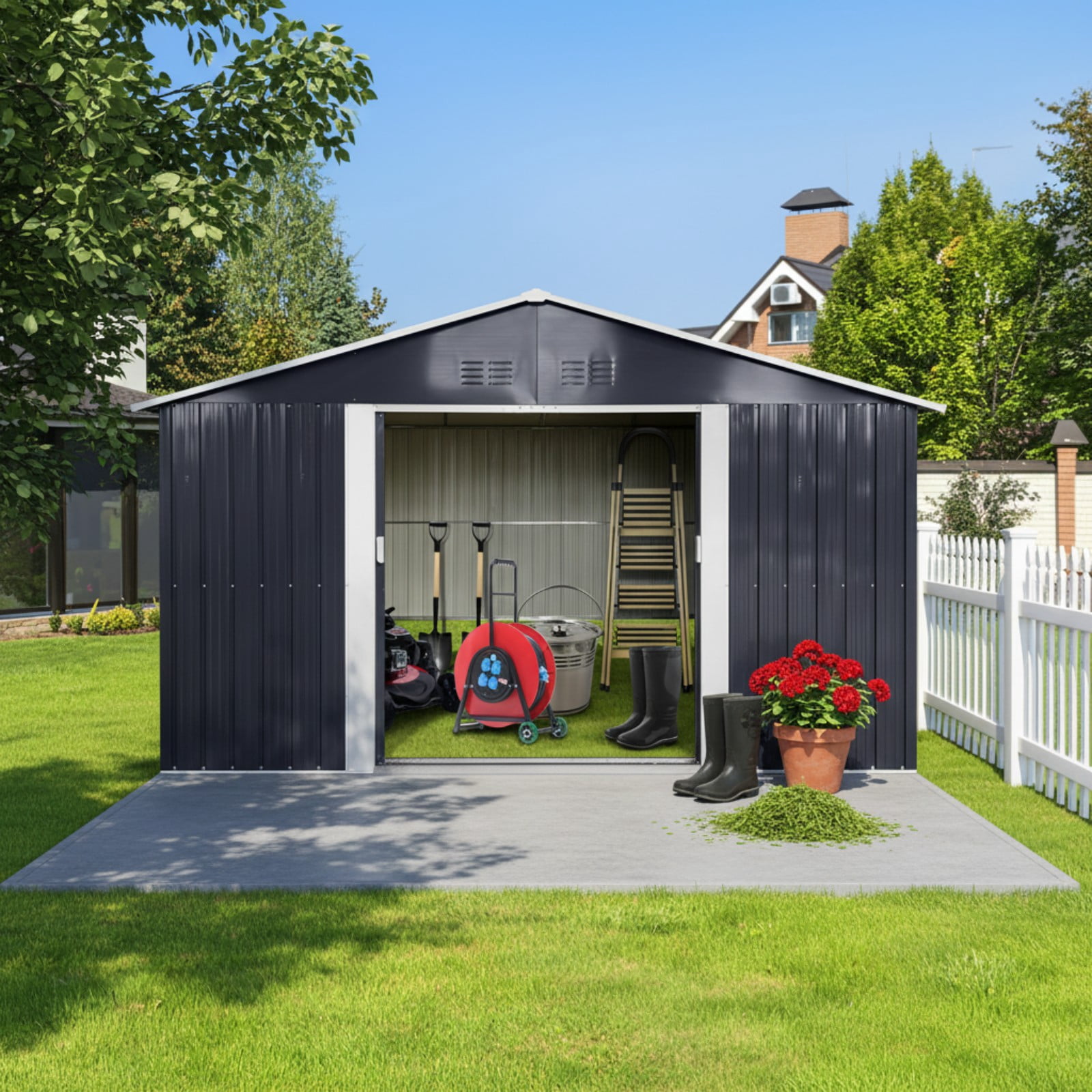 Alvantor Outdoor Storage Shed Metal with Window for Garden,11.2x10.6 FT,Grey