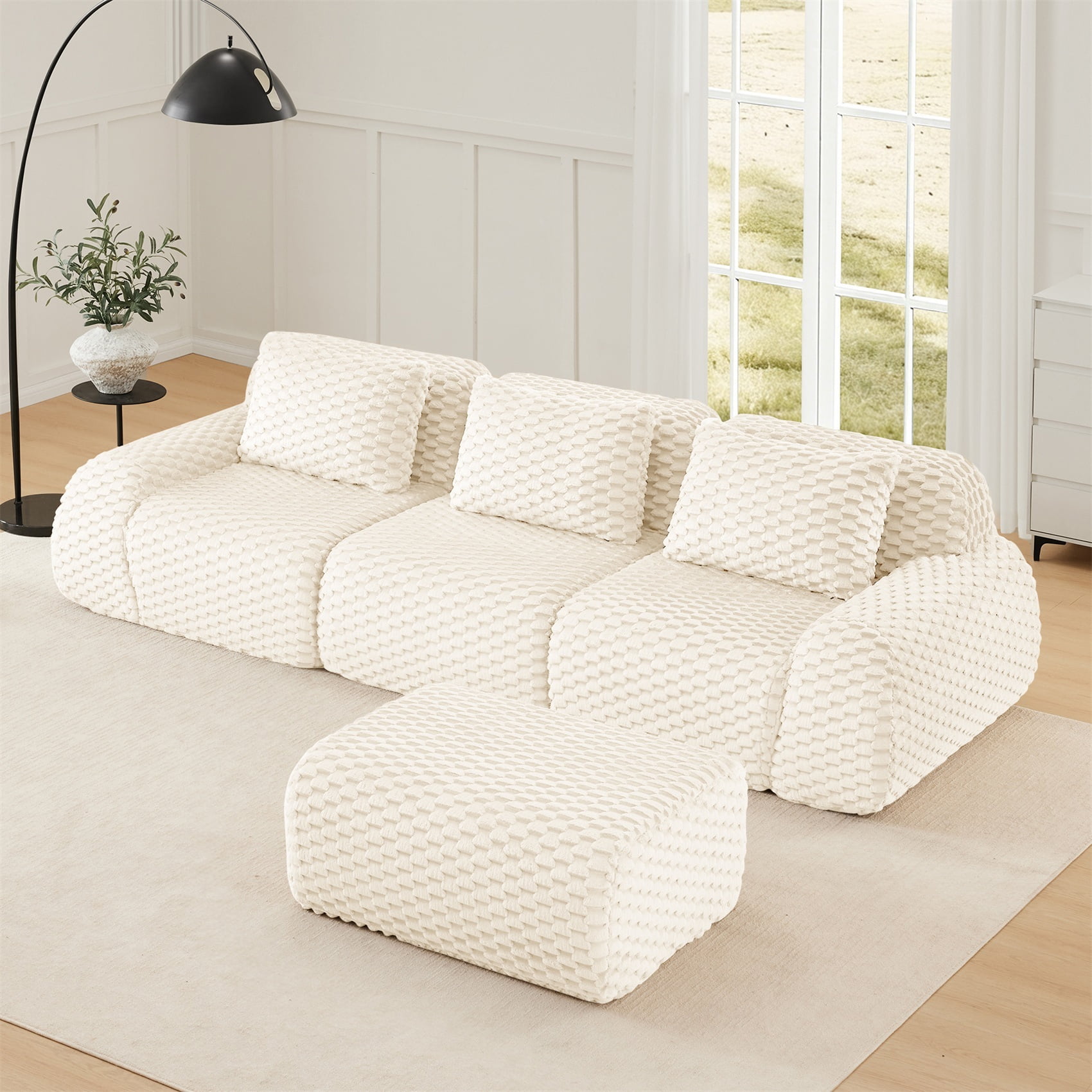 Alvantor 114" Cloud Modular Sectional Sofa with Movable Ottoman, L Shaped Deep Seat Flannelette Boneless Couch for Living Room Bedroom Cream