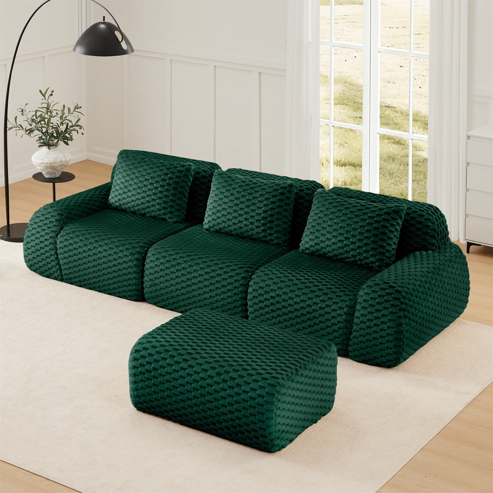 Alvantor 114" Cloud Modular Sectional Sofa with Movable Ottoman, L Shaped Deep Seat Flannelette Boneless Couch for Living Room Bedroom Green