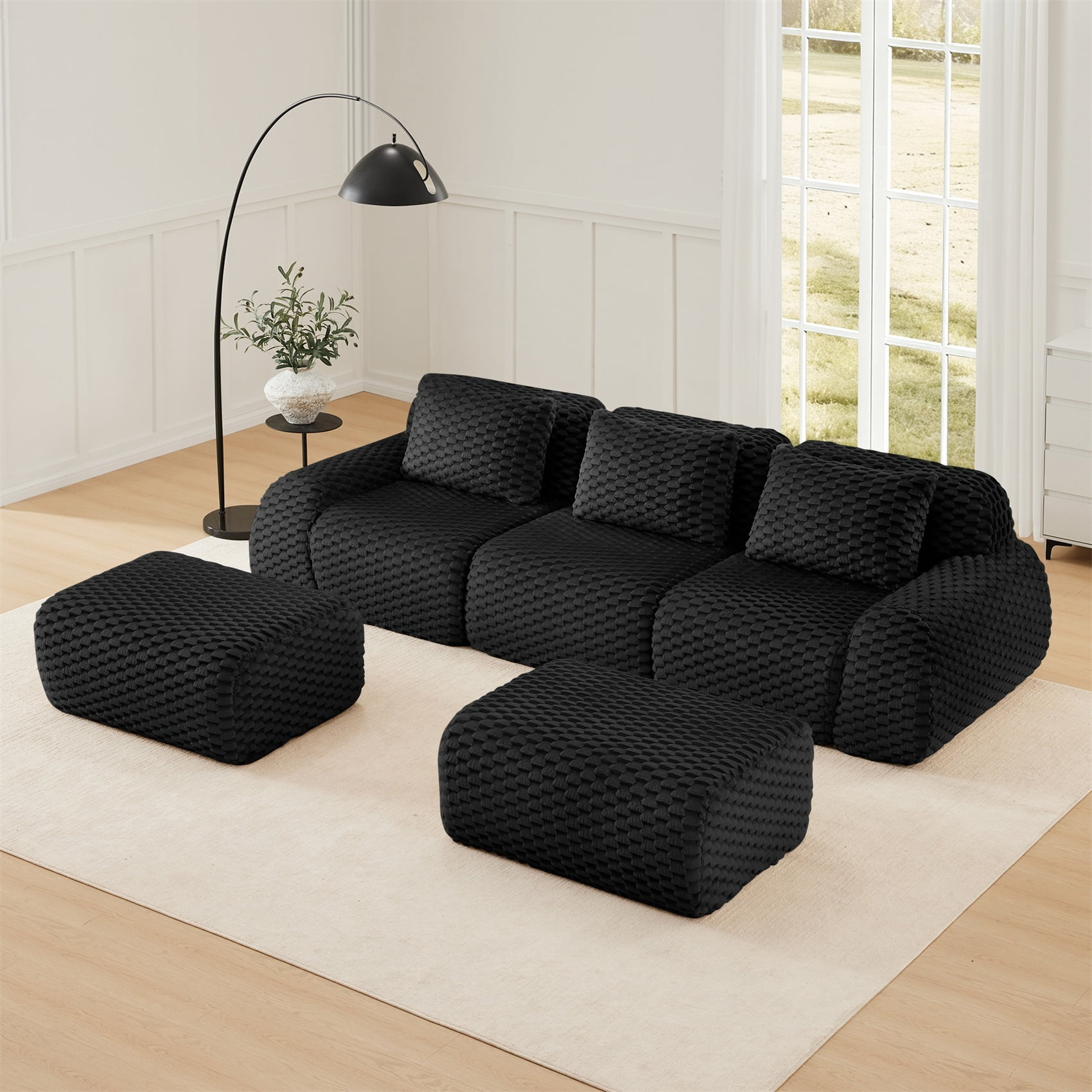 Alvantor 114" Cloud Modular Sectional Sofa with Movable Ottoman, U Shaped Deep Seat Flannelette Boneless Couch for Living Room Bedroom Black