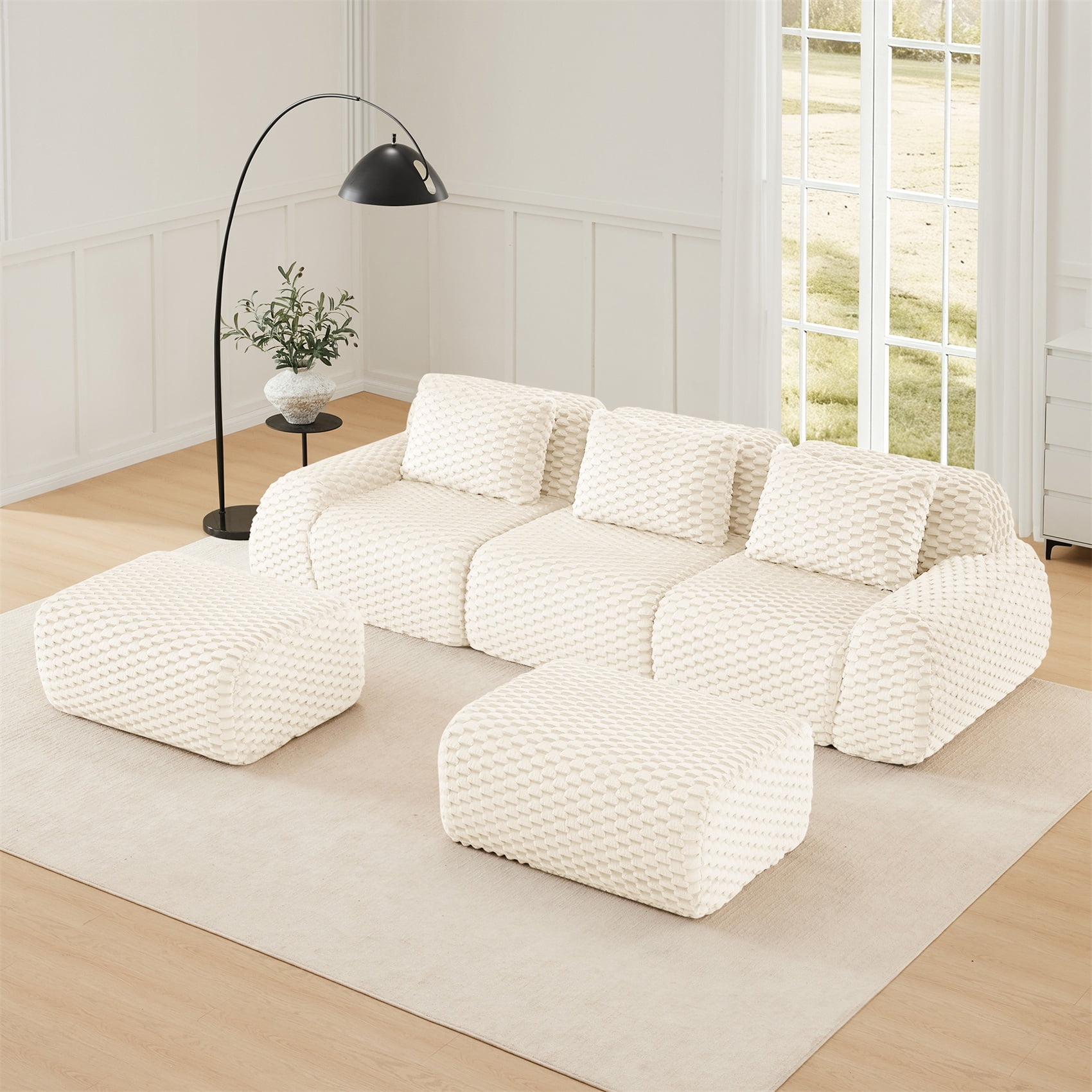 Alvantor 114" Cloud Modular Sectional Sofa with Movable Ottoman, U Shaped Deep Seat Flannelette Boneless Couch for Living Room Bedroom Cream