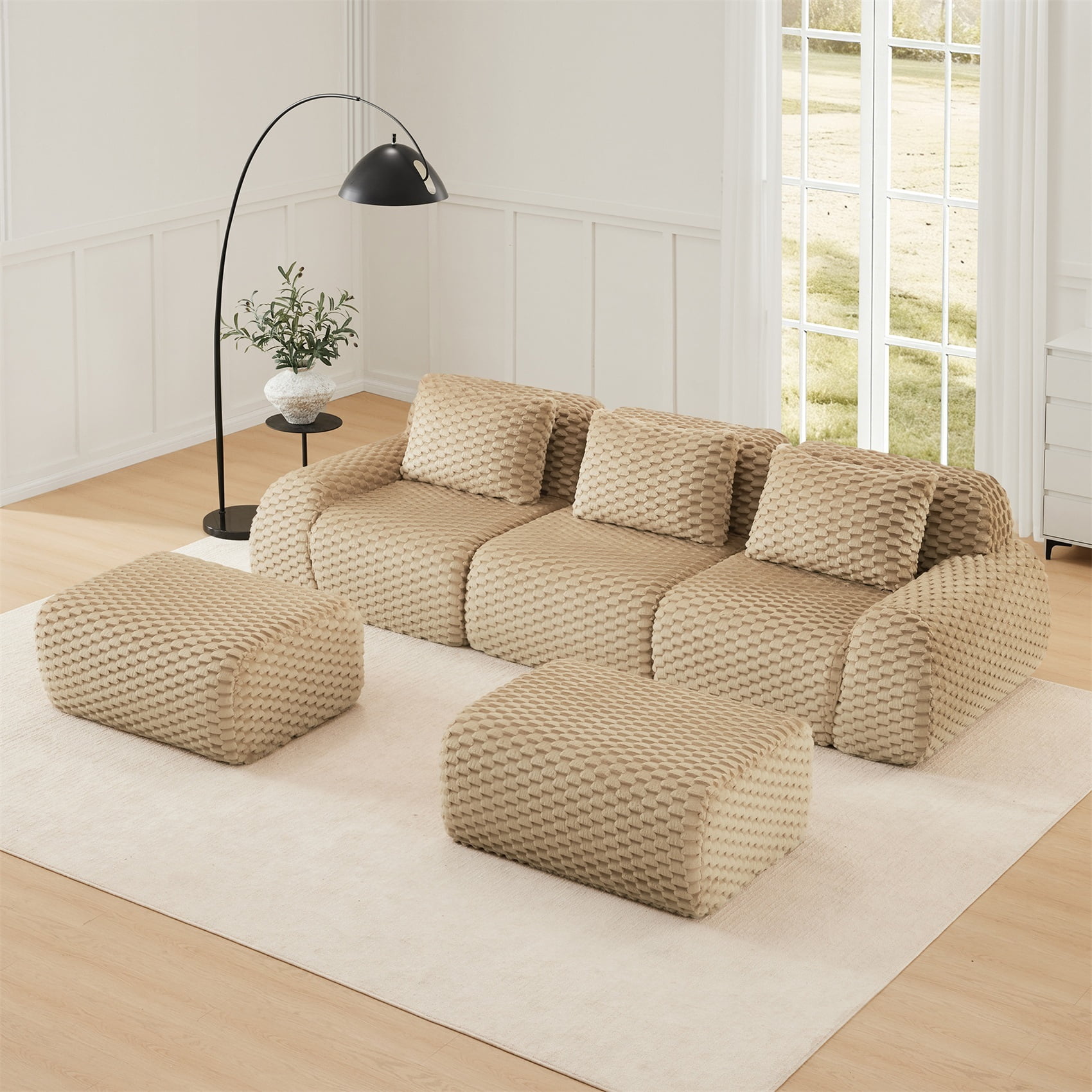 Alvantor 114" Cloud Modular Sectional Sofa with Movable Ottoman, U Shaped Deep Seat Flannelette Boneless Couch for Living Room Bedroom Light Camel