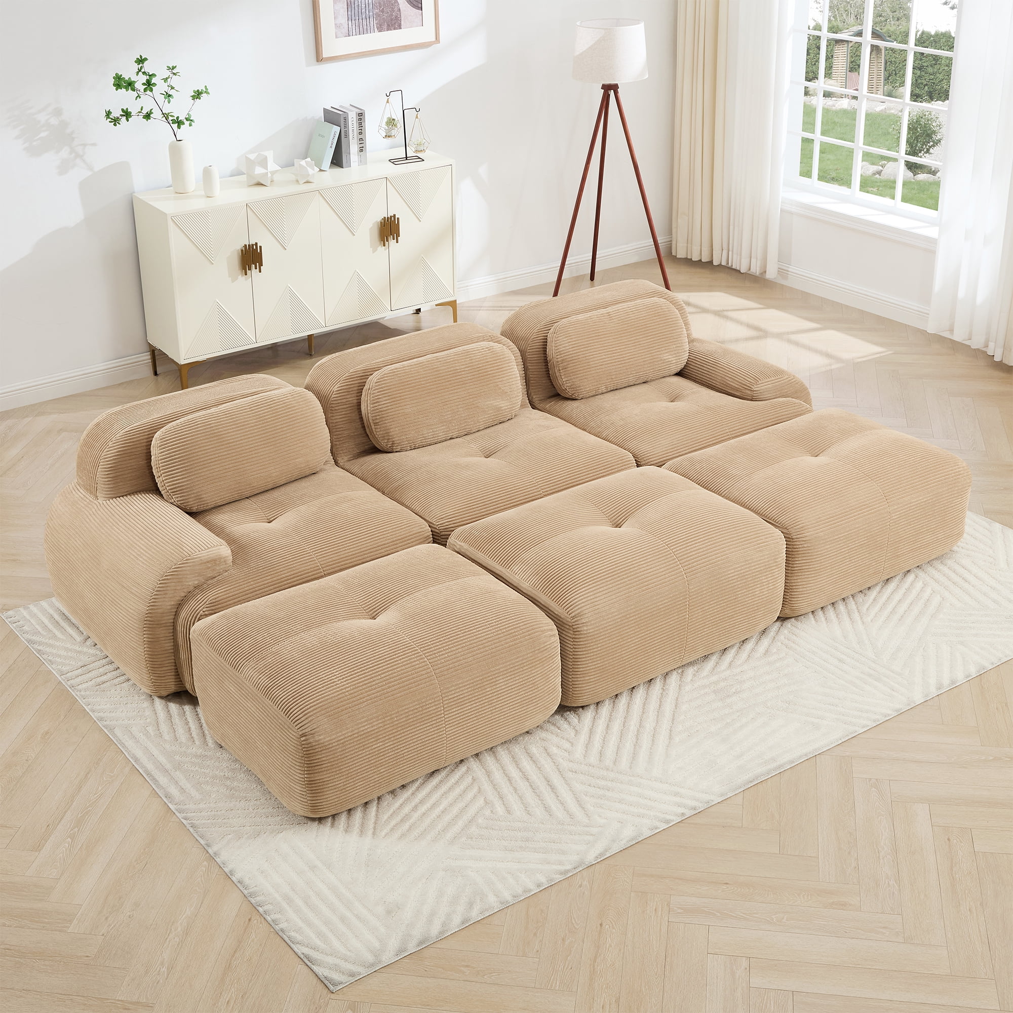 Alvantor 117" Modular Sectional Sofa Corduroy Oversized L-Shaped Cloud Couch with 2 Ottomans Upholstered Sofa for Living Room Bedroom, No Assembly Required, 3-Seats, Beige