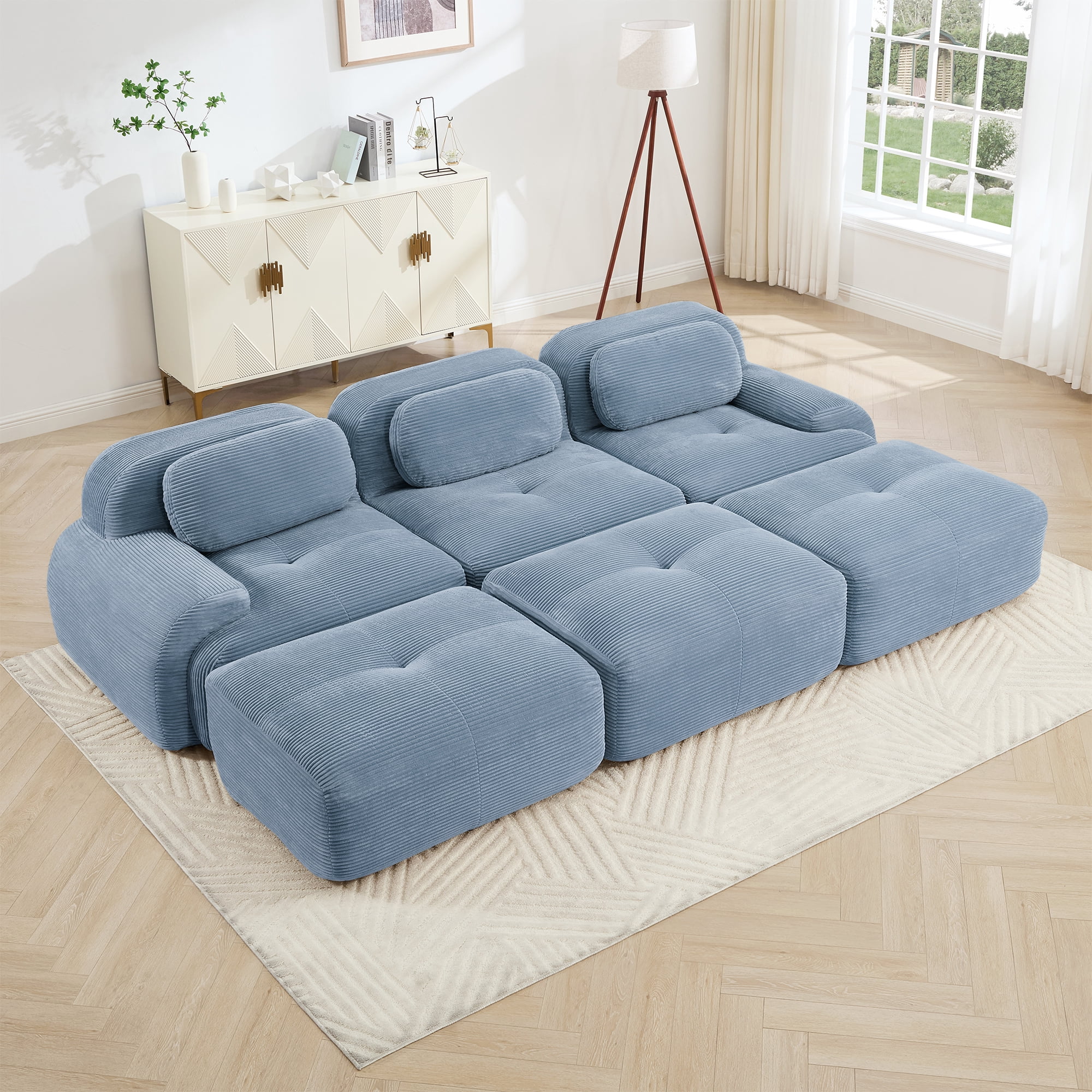Alvantor 117" Modular Sectional Sofa Corduroy Oversized L-Shaped Cloud Couch with 2 Ottomans Upholstered Sofa for Living Room Bedroom, No Assembly Required, 3-Seats, Blue
