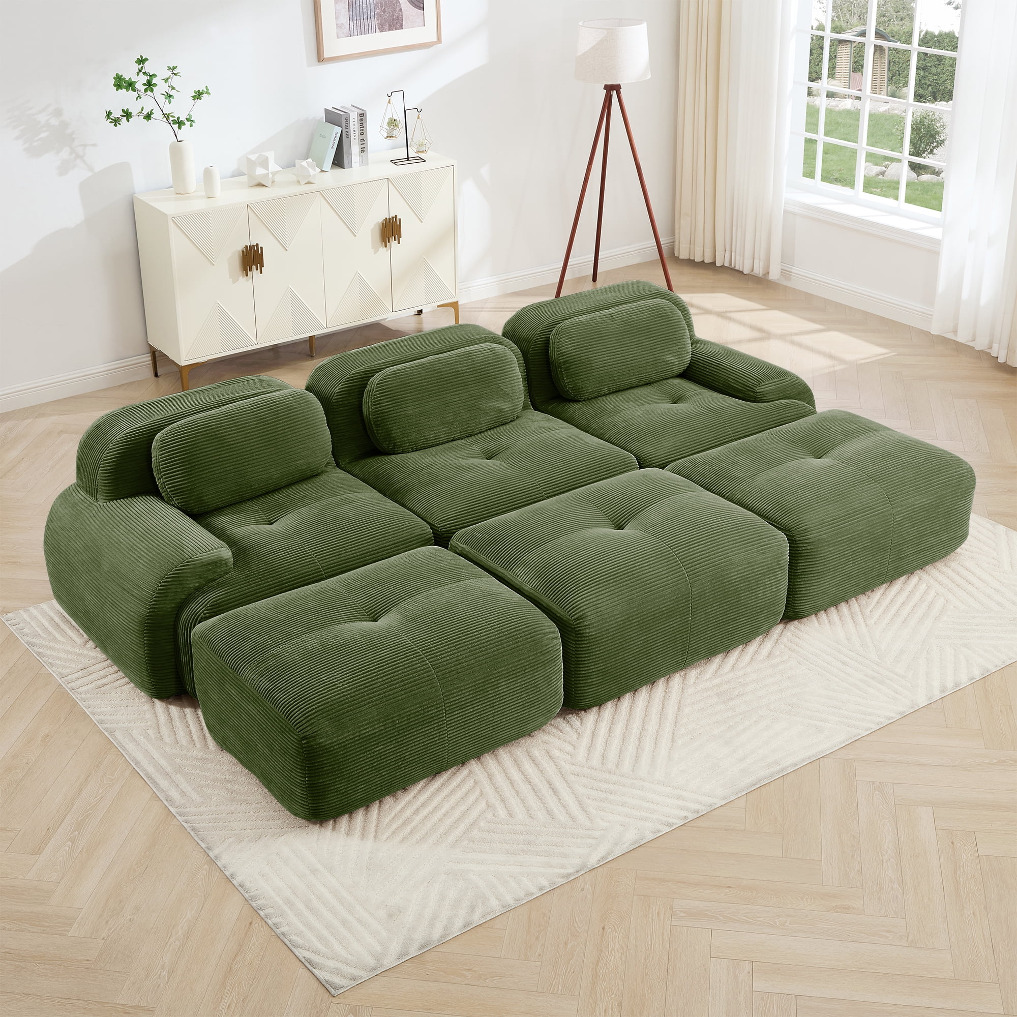 Alvantor 117" Modular Sectional Sofa Corduroy Oversized L-Shaped Cloud Couch with 2 Ottomans Upholstered Sofa for Living Room Bedroom, No Assembly Required, 3-Seats, Green