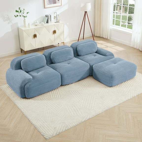 Alvantor 117" Modular Sectional Sofa Corduroy Oversized L-Shaped Cloud Couch with Movable Ottomans Upholstered Sofa for Living Room Bedroom, No Assembly Required, 3-Seats, Blue