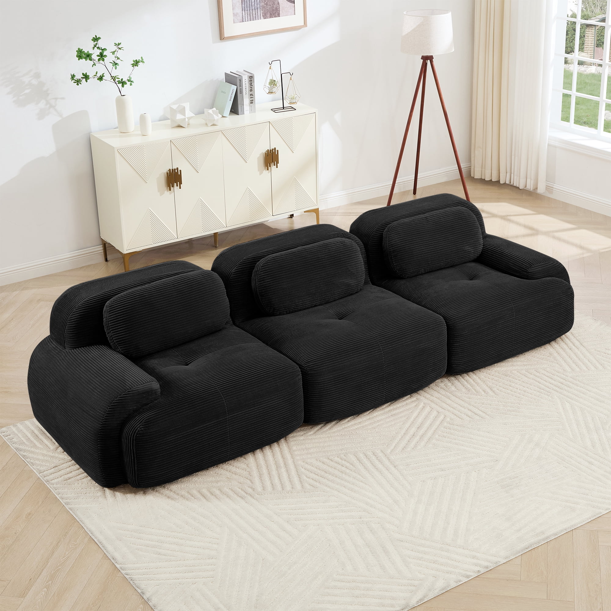 Alvantor 117" Modular Sectional Sofa Corduroy Oversized L-Shaped Cloud Couch Upholstered Sofa for Living Room Bedroom, No Assembly Required, 3-Seats, Black