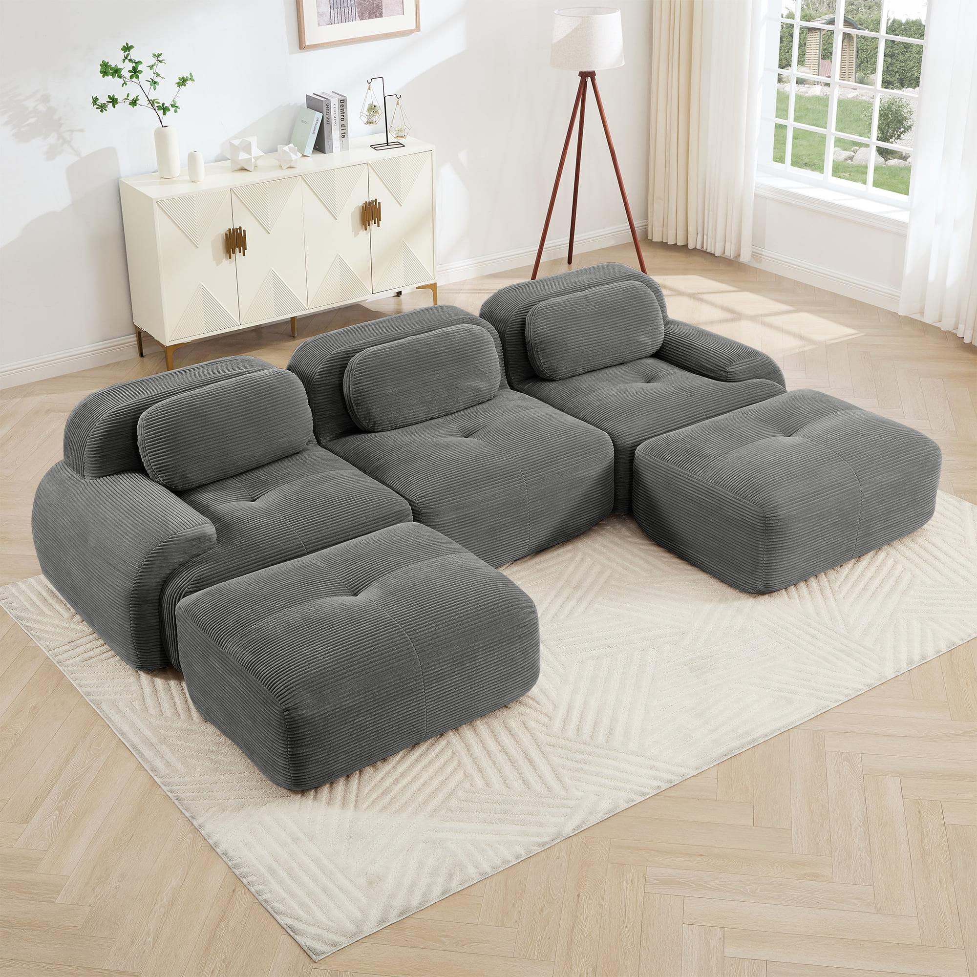 Alvantor 117" Modular Sectional Sofa Corduroy Oversized U-Shaped Cloud Couch with Movable Ottomans Upholstered Sofa for Living Room Bedroom, No Assembly Required, 3-Seats, Grey