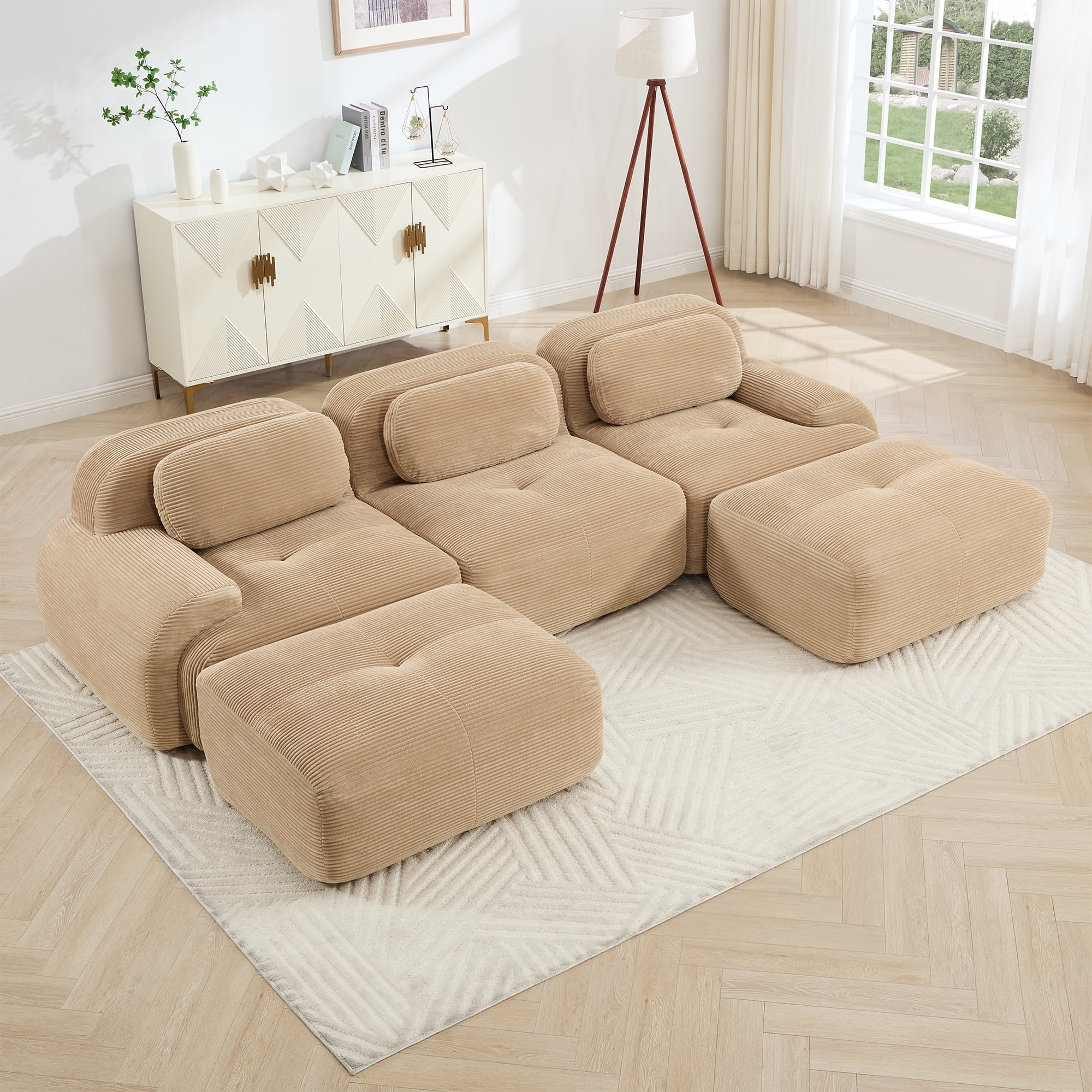Alvantor 117" Modular Sectional Sofa Corduroy Oversized U-Shaped Cloud Couch with Movable Ottomans Upholstered Sofa for Living Room Bedroom, No Assembly Required, 3-Seats, Beige