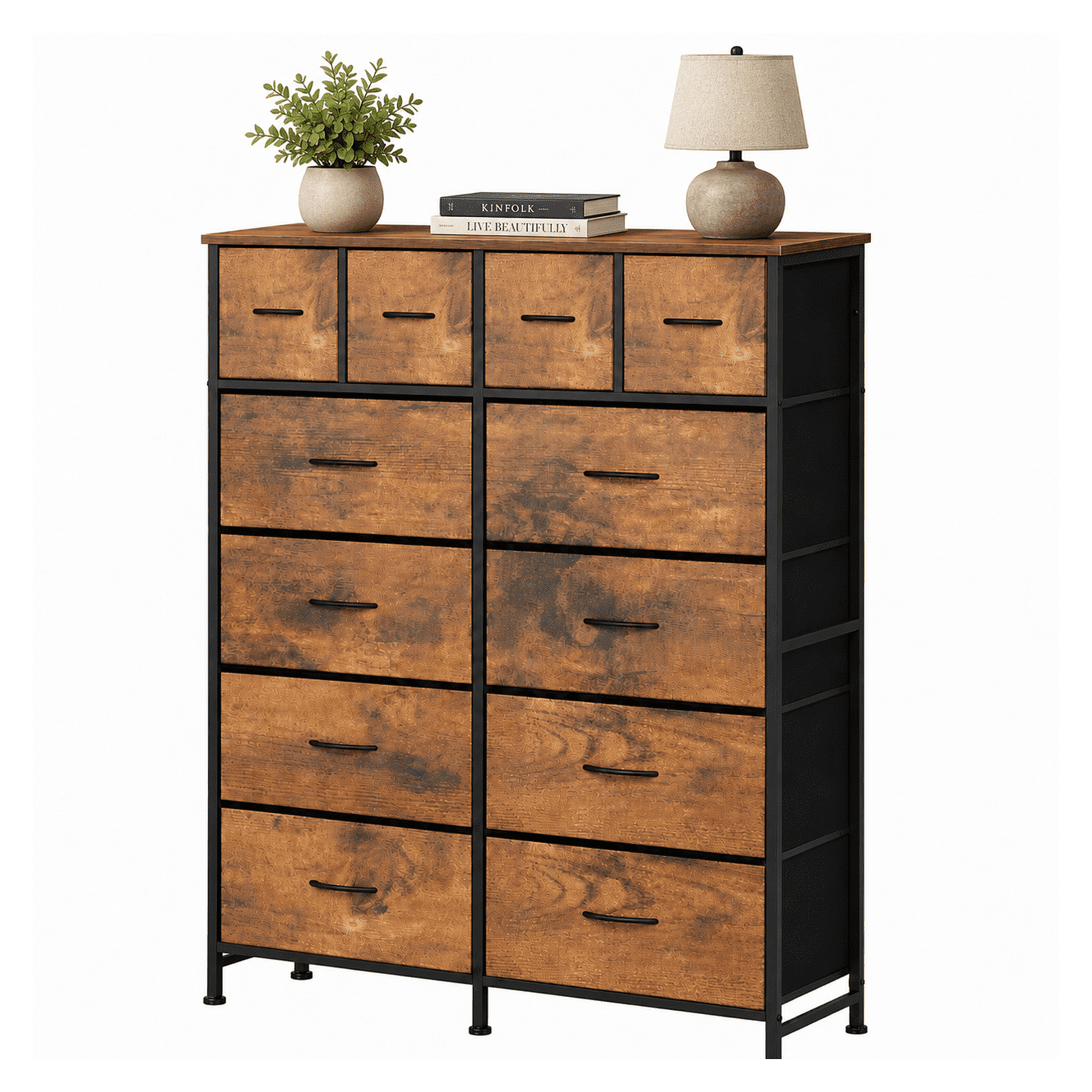 Alvantor 12-Drawer Dresser, Fabric Storage Tower for Bedroom, Hallway, Entryway, Closet, Tall Chest Organizer Unit with Fabric Bins, Steel Frame, Wood Top, Easy Pull Handle