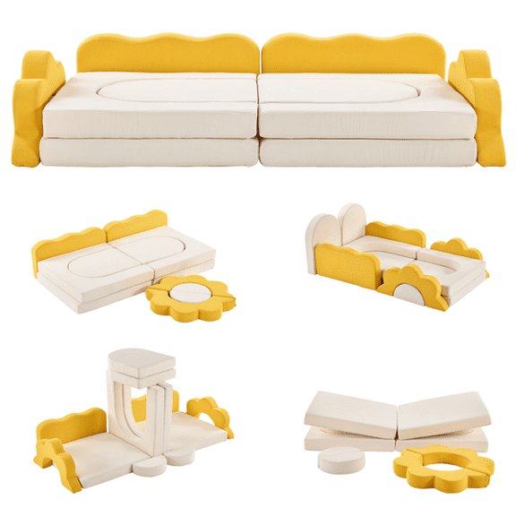 Alvantor 12-Piece Modular Kids Play Couch Sofa Set, High-Density Foam, Corduroy Yellow and White