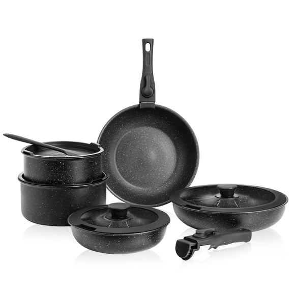 Alvantor 12-Piece Non-Stick Cookware Set, Granite Pots and Pans with Detachable Handles for All Stovetops, Space Saving, Black