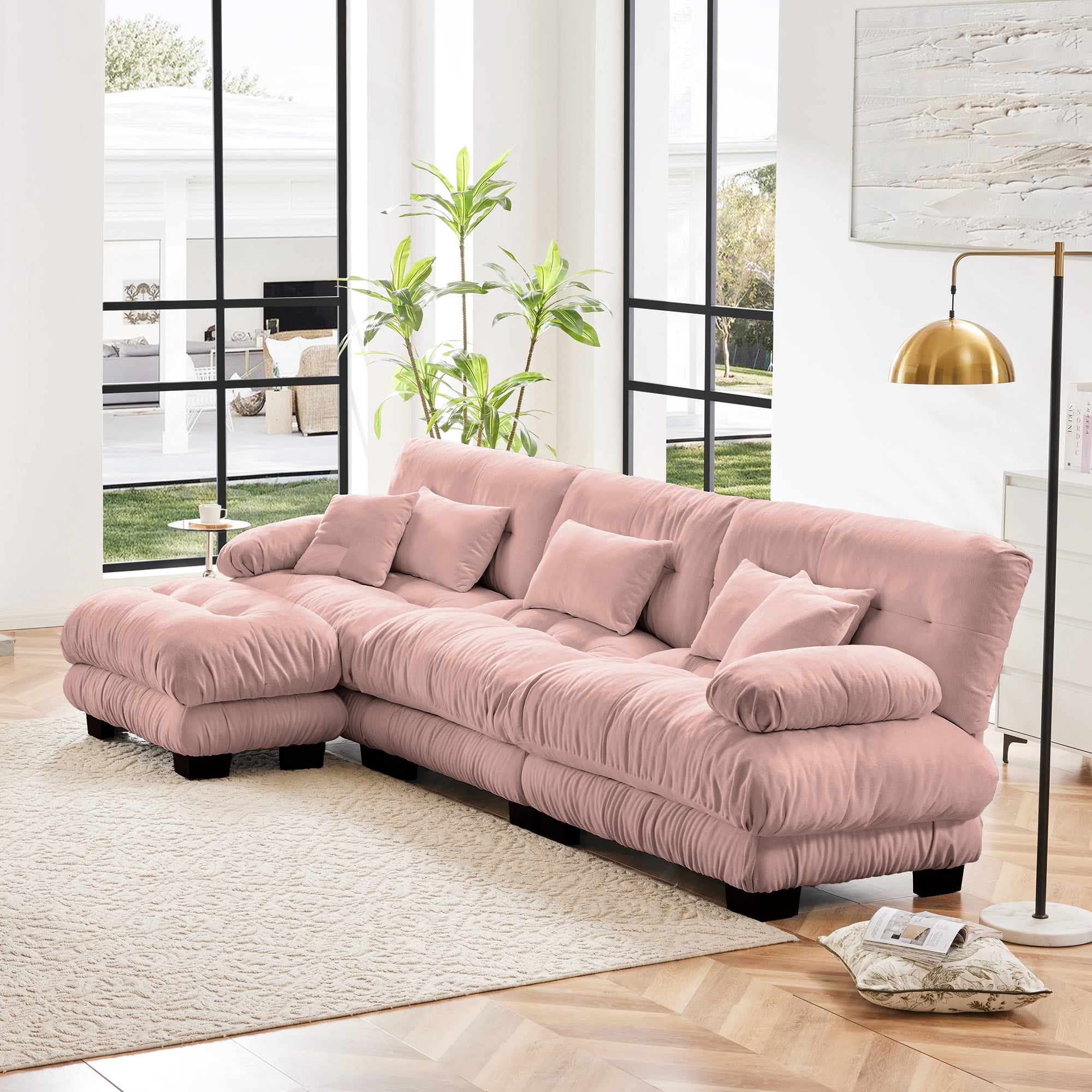 Alvantor 134" Modular Sectional Sofa with Convertible Ottomans, Chenille L-Shaped Cloud Sofa 3 Seat Oversized Couch for Living Room Pink