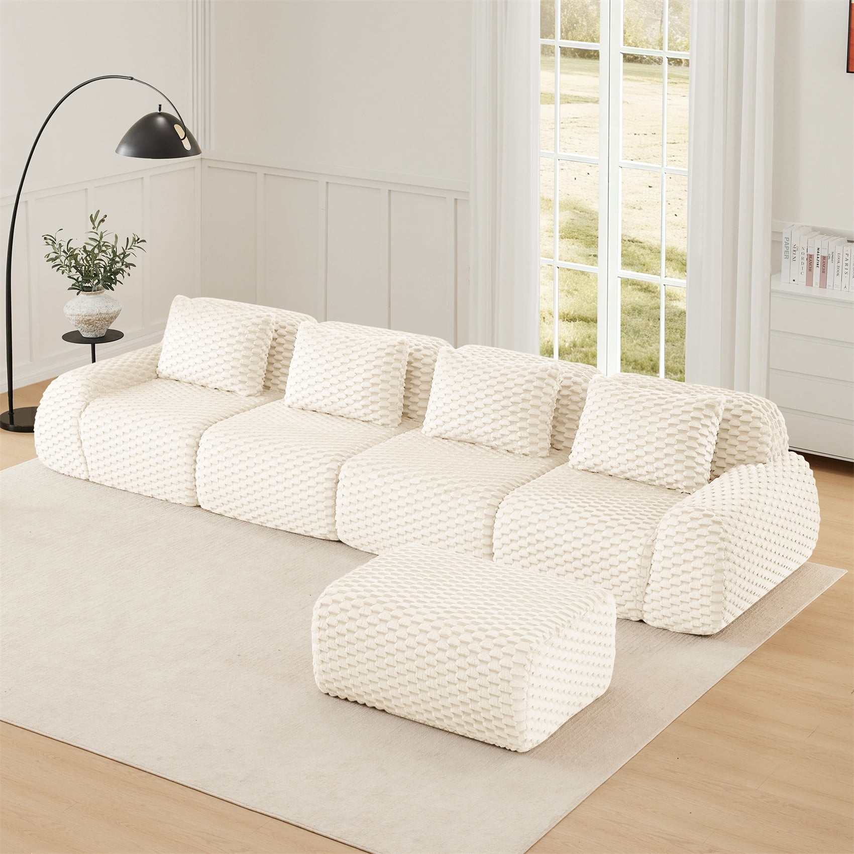 Alvantor 146" Cloud Modular Sectional Sofa with Movable Ottoman, L Shaped Deep Seat Flannelette Boneless Couch for Living Room Bedroom Cream