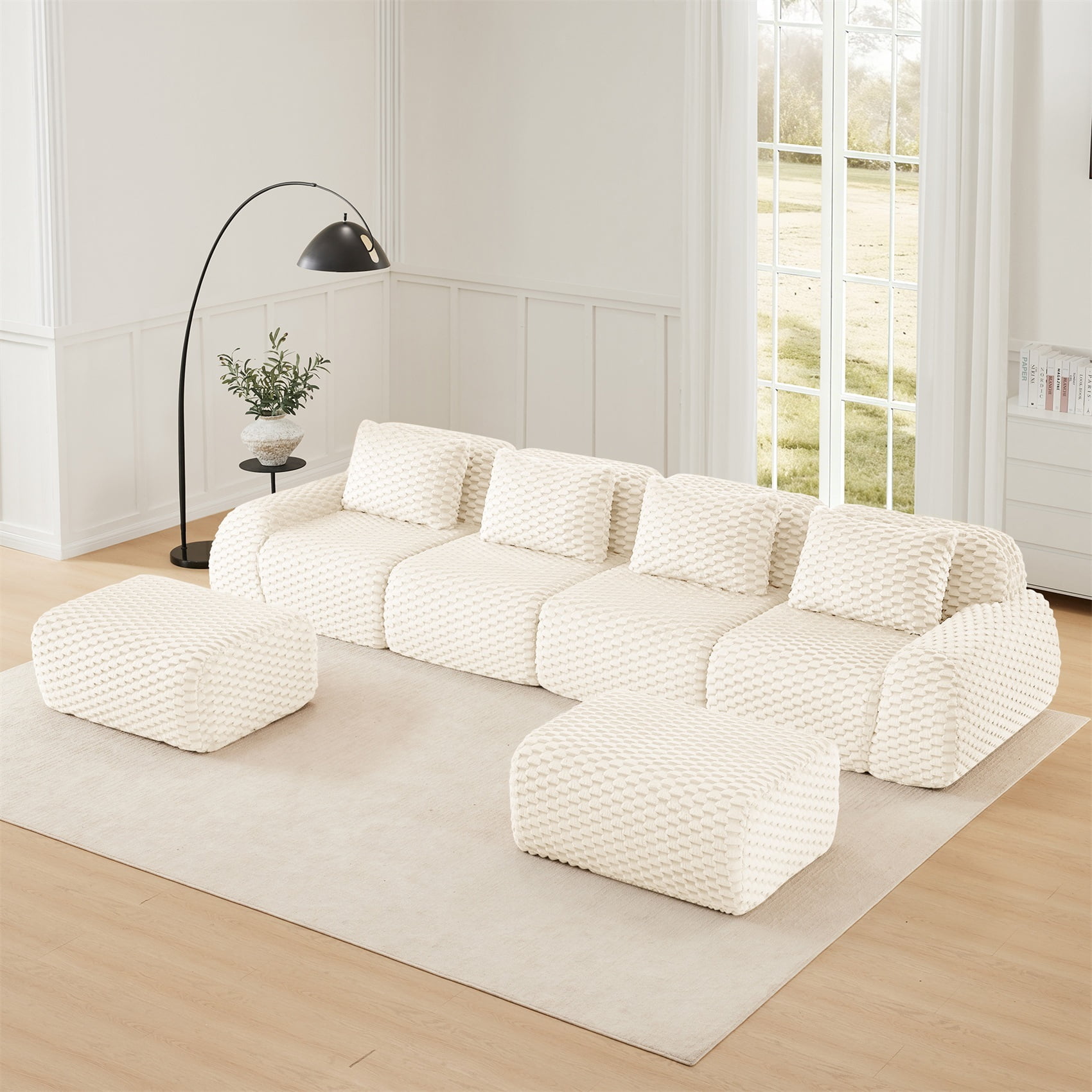 Alvantor 146" Cloud Modular Sectional Sofa with Movable Ottoman, U Shaped Deep Seat Flannelette Boneless Couch for Living Room Bedroom Cream