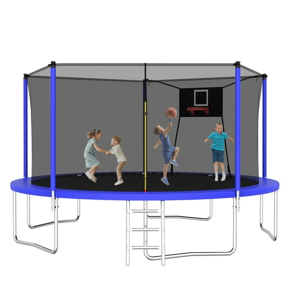 Alvantor 14Ft Trampoline for Kids Age 3-10, Round Trampolines with Basketball Hoop & Enclosure Net for Backyard Yard,Blue