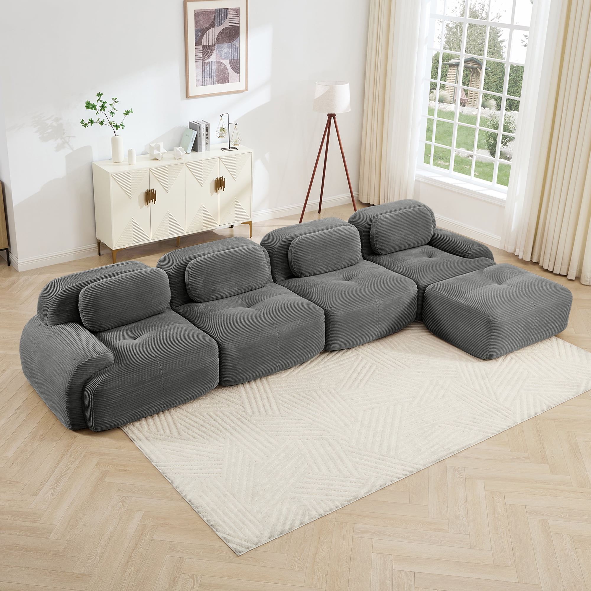 Alvantor 153" Modular Sectional Sofa Corduroy Oversized L-Shaped Cloud Couch with Movable Ottomans Upholstered Sofa for Living Room Bedroom, No Assembly Required, 4-Seats, Grey
