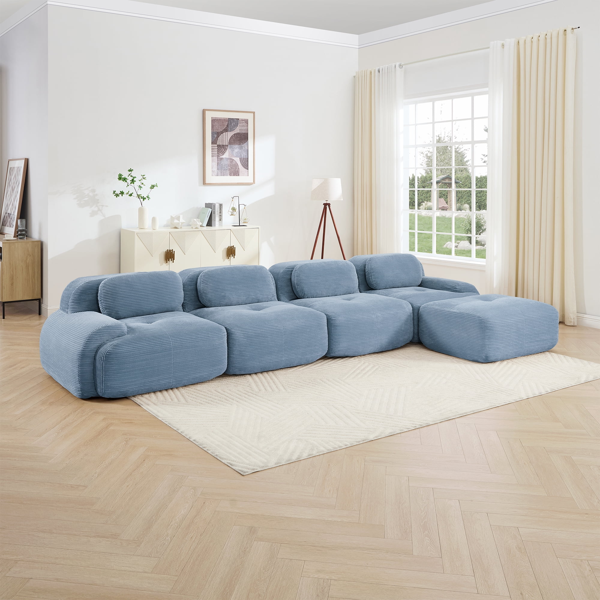 Alvantor 153" Modular Sectional Sofa Corduroy Oversized L-Shaped Cloud Couch with Movable Ottomans Upholstered Sofa for Living Room Bedroom, No Assembly Required, 4-Seats, Blue