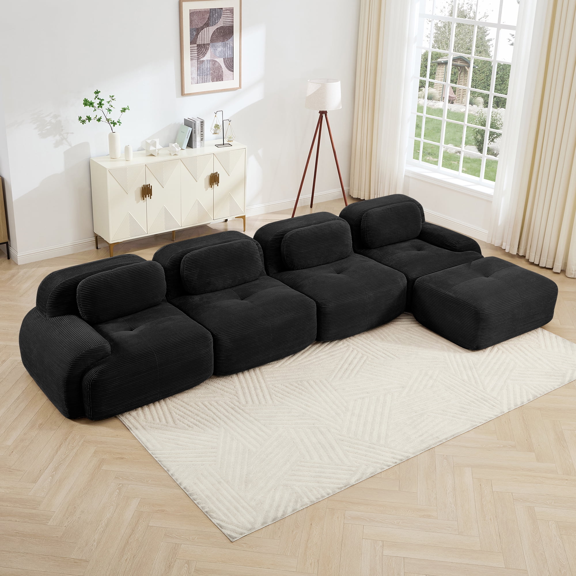 Alvantor 153" Modular Sectional Sofa Corduroy Oversized L-Shaped Cloud Couch with Movable Ottomans Upholstered Sofa for Living Room Bedroom, No Assembly Required, 4-Seats, Black
