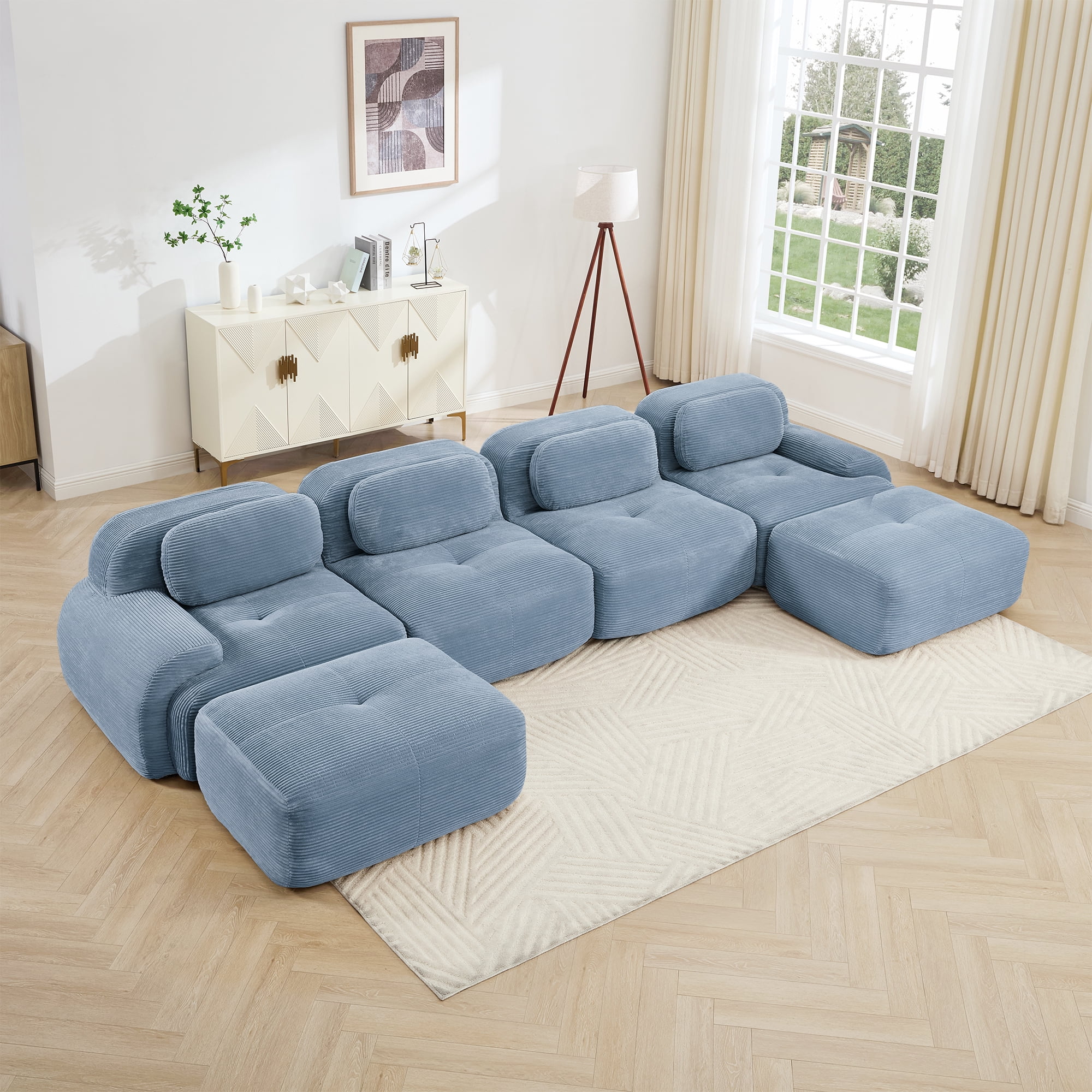 Alvantor 153" Modular Sectional Sofa Corduroy Oversized U-Shaped Cloud Couch with 2 Ottomans Upholstered Sofa for Living Room Bedroom, No Assembly Required, 4-Seats, Blue