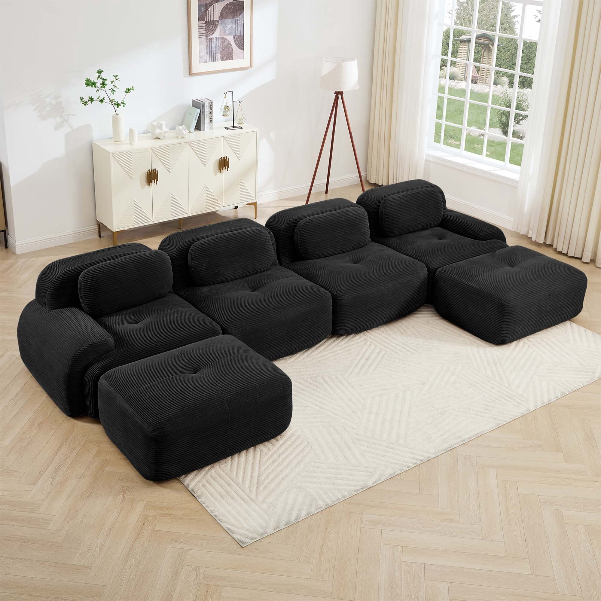 Alvantor 153" Modular Sectional Sofa Corduroy Oversized U-Shaped Cloud Couch with 2 Ottomans Upholstered Sofa for Living Room Bedroom, No Assembly Required, 4-Seats, Black