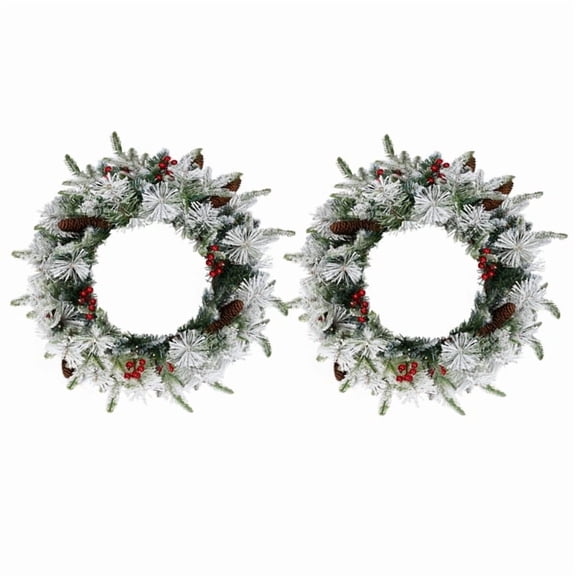 Alvantor 2 Pack 18 in Pre-Lit Artificial Wreath,Warm White 60 LED Lights,8 Modes,Snow-Flocked Green PVC/PE Wreath with Pine Cones and Red Berries