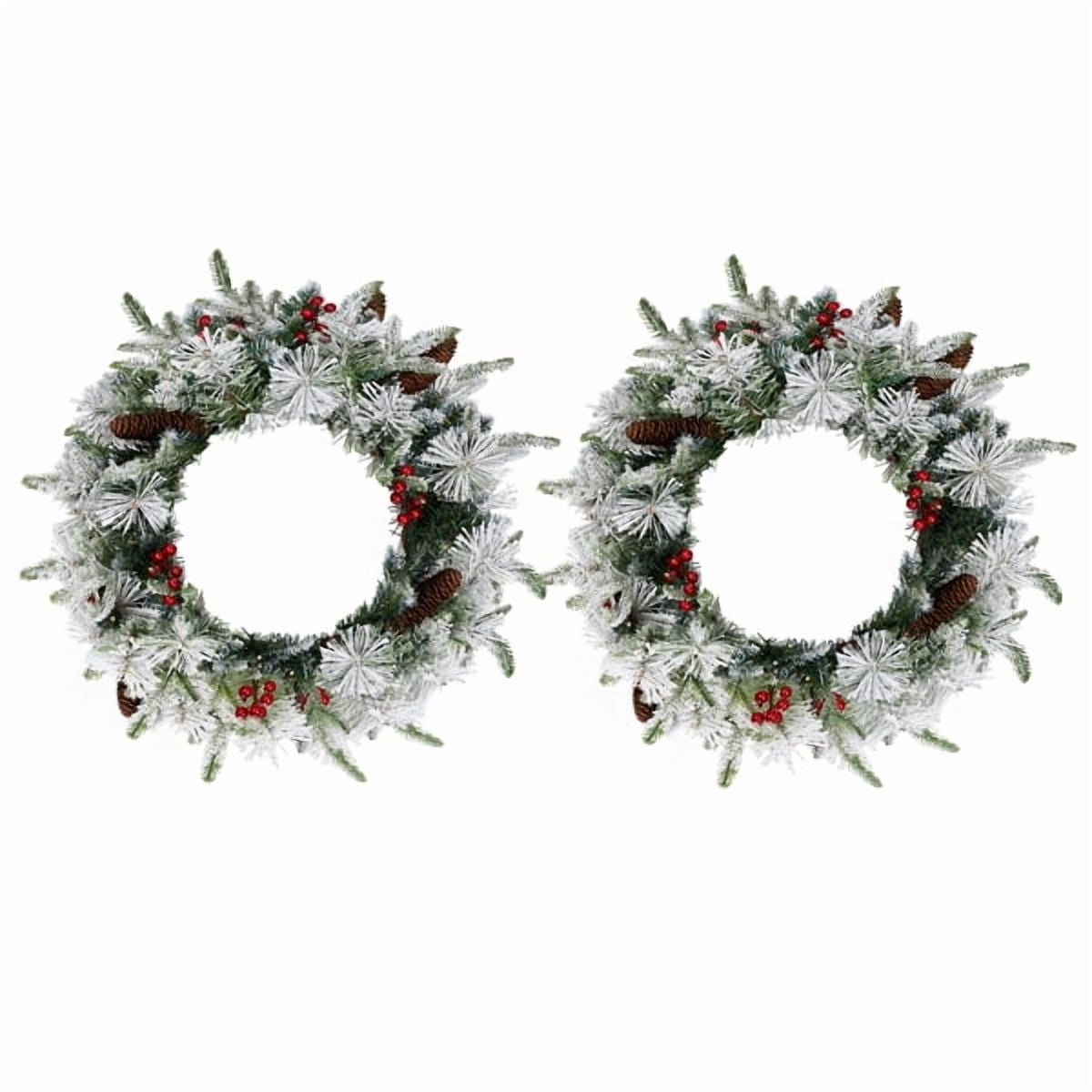 Alvantor 2-Pack 18 in Pre-Lit Snow-Flocked Christmas Wreaths with 60 Warm White LED Lights, 140 Tips, Red Berries and Pine Cones