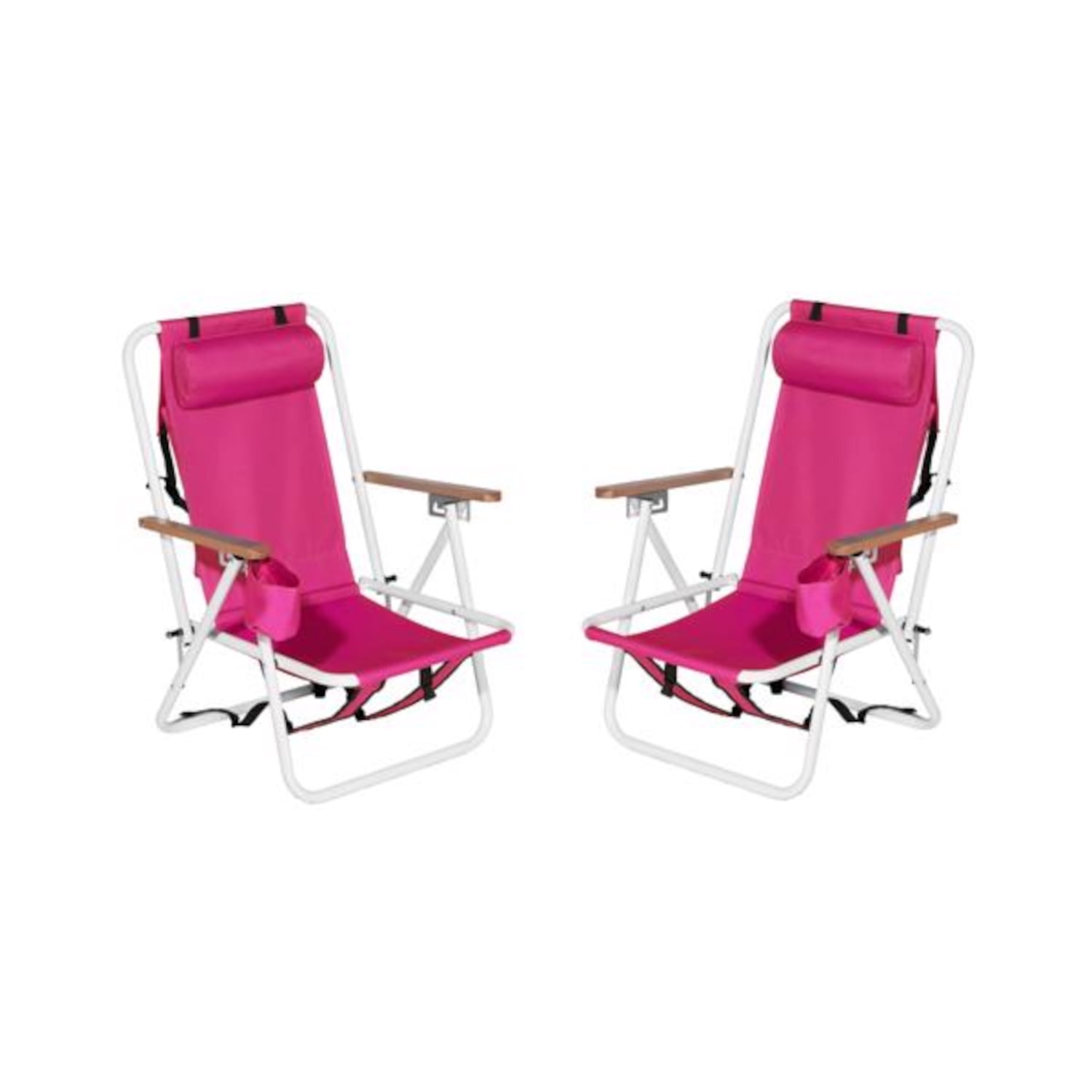 Alvantor 2 Pack Folding Beach Chair for Adults with 4 Position Recline Headrest Cup Holder Wooden Armrests Pink