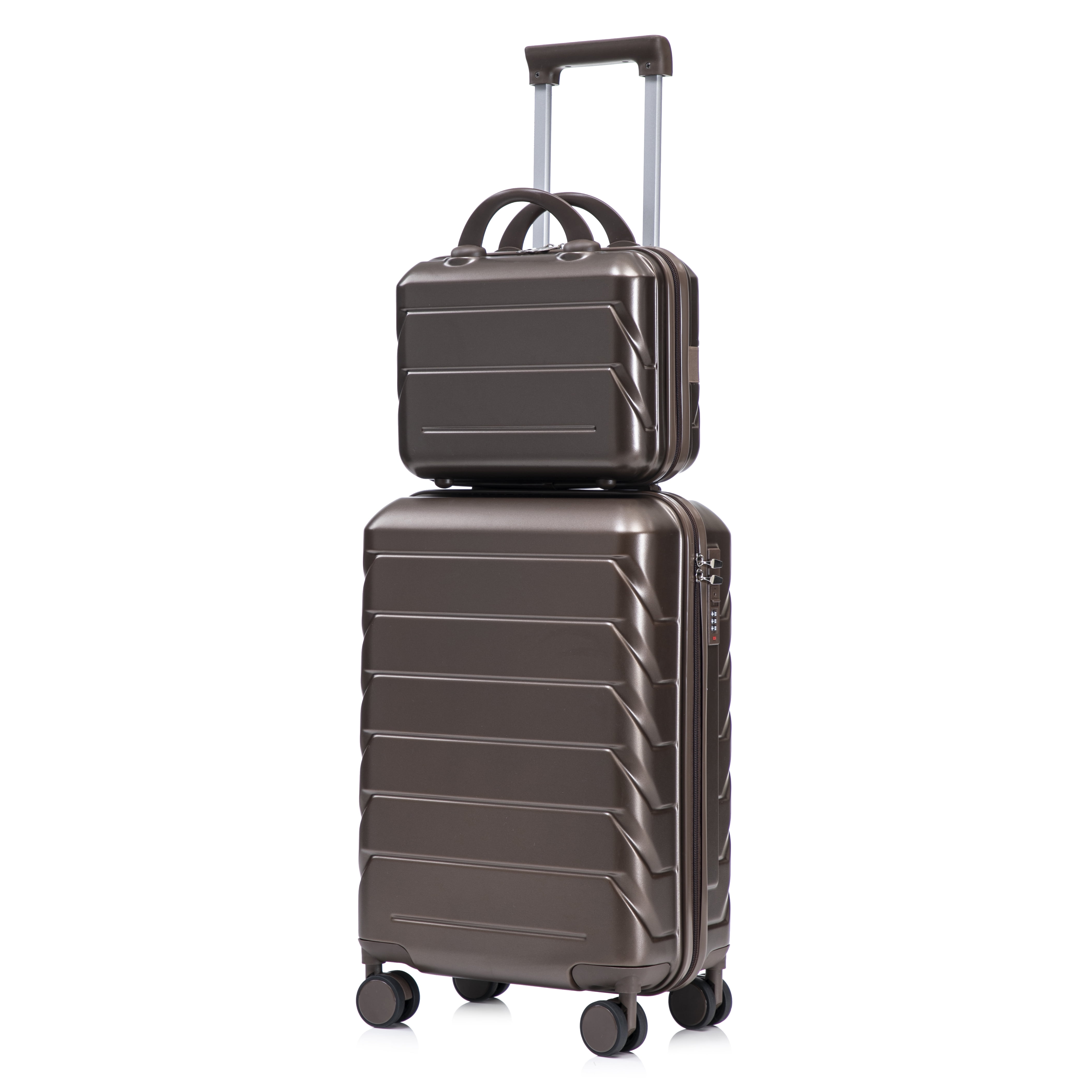 Alvantor 2 Pcs Luggage Set with Combination Lock, 20" ABS Spinner Suitcase & 14" Cosmetic Case, Brown