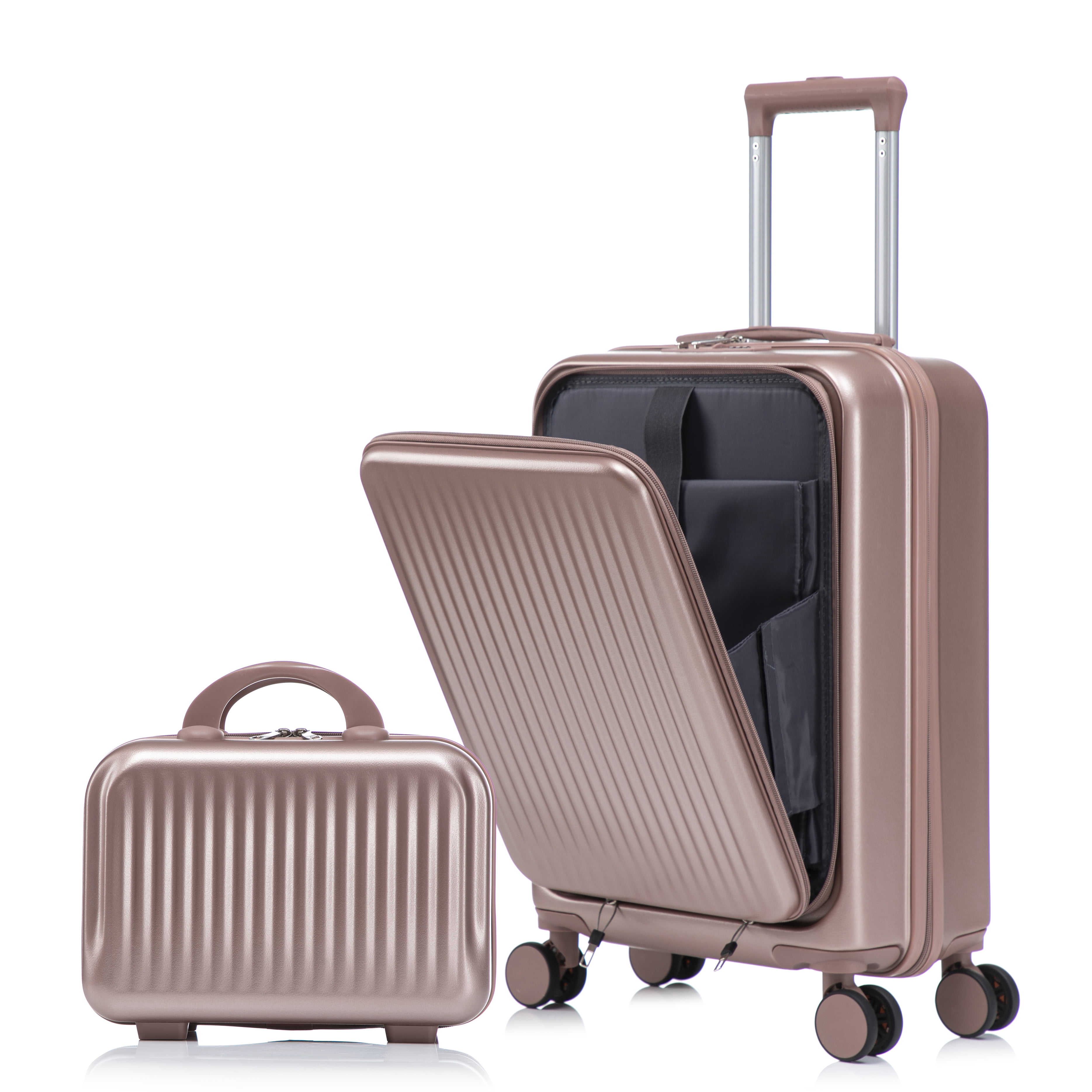 Alvantor 2 Piece Spinner Luggage Set, ABS Hardshell Front Opening Suitcase Set with Combination Lock and Cosmetic Case,14"/20" Champagne