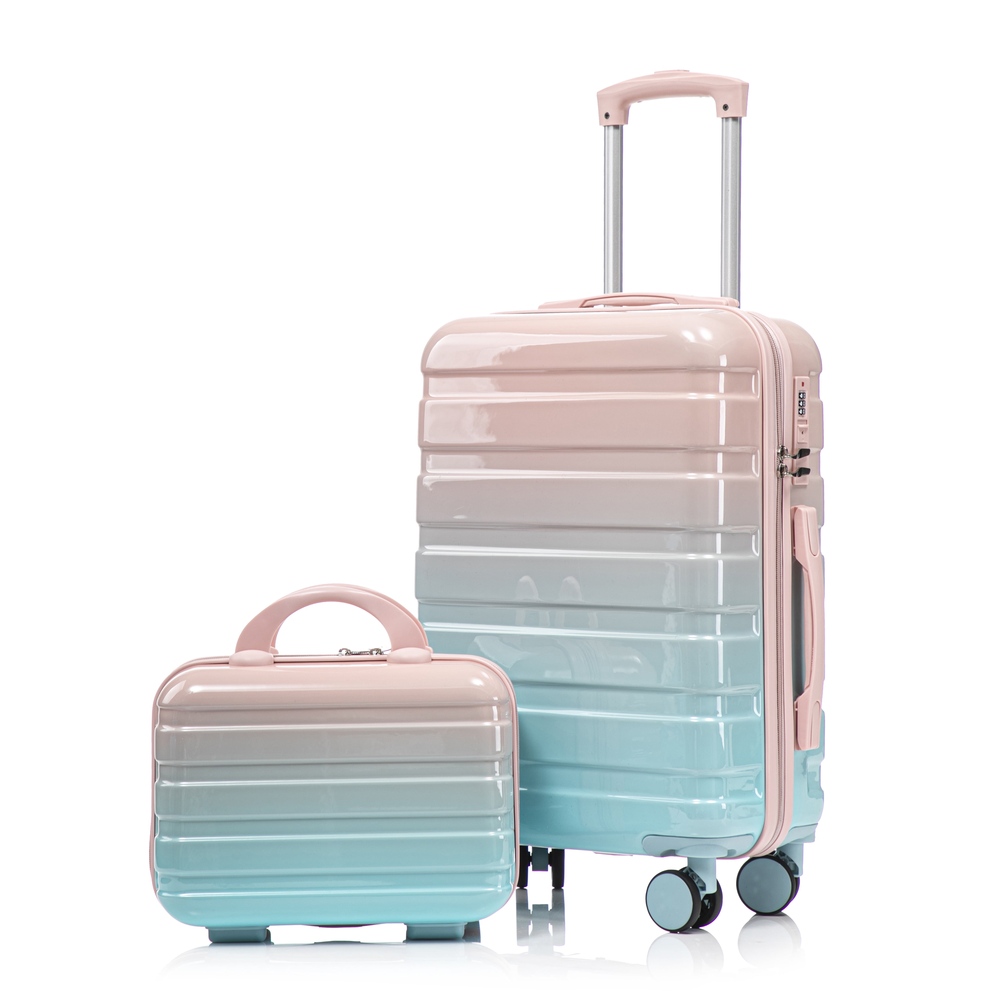 Alvantor 2 Piece Spinner Luggage Set, Gradient PC Hardshell Carry-On Suitcase with Cosmetic Case, 20″ + 14″Blue and Pink