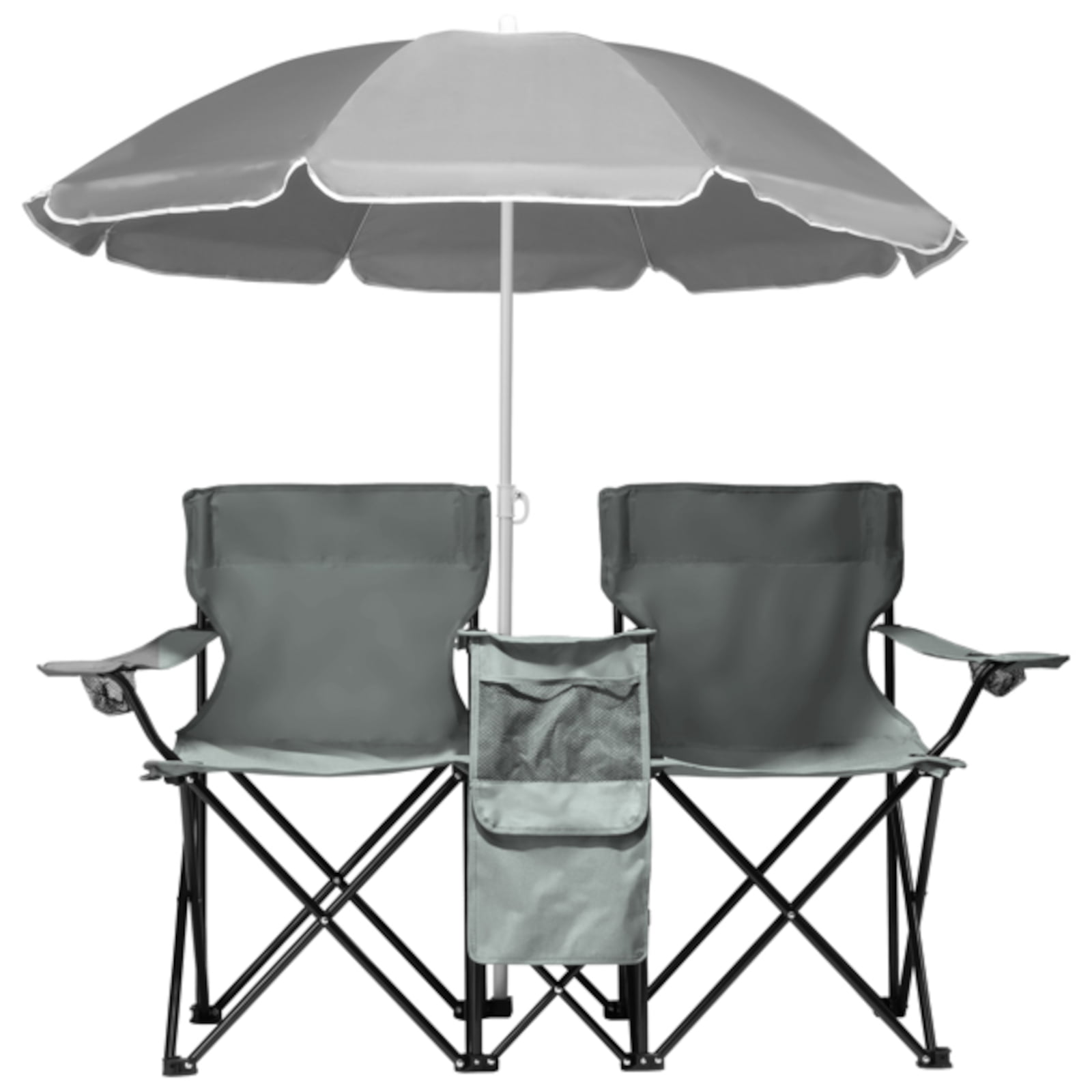 Alvantor Gray 2-Seat Outdoor Folding Chair with Removable Sun Umbrella for Beach, Camping, and Fishing