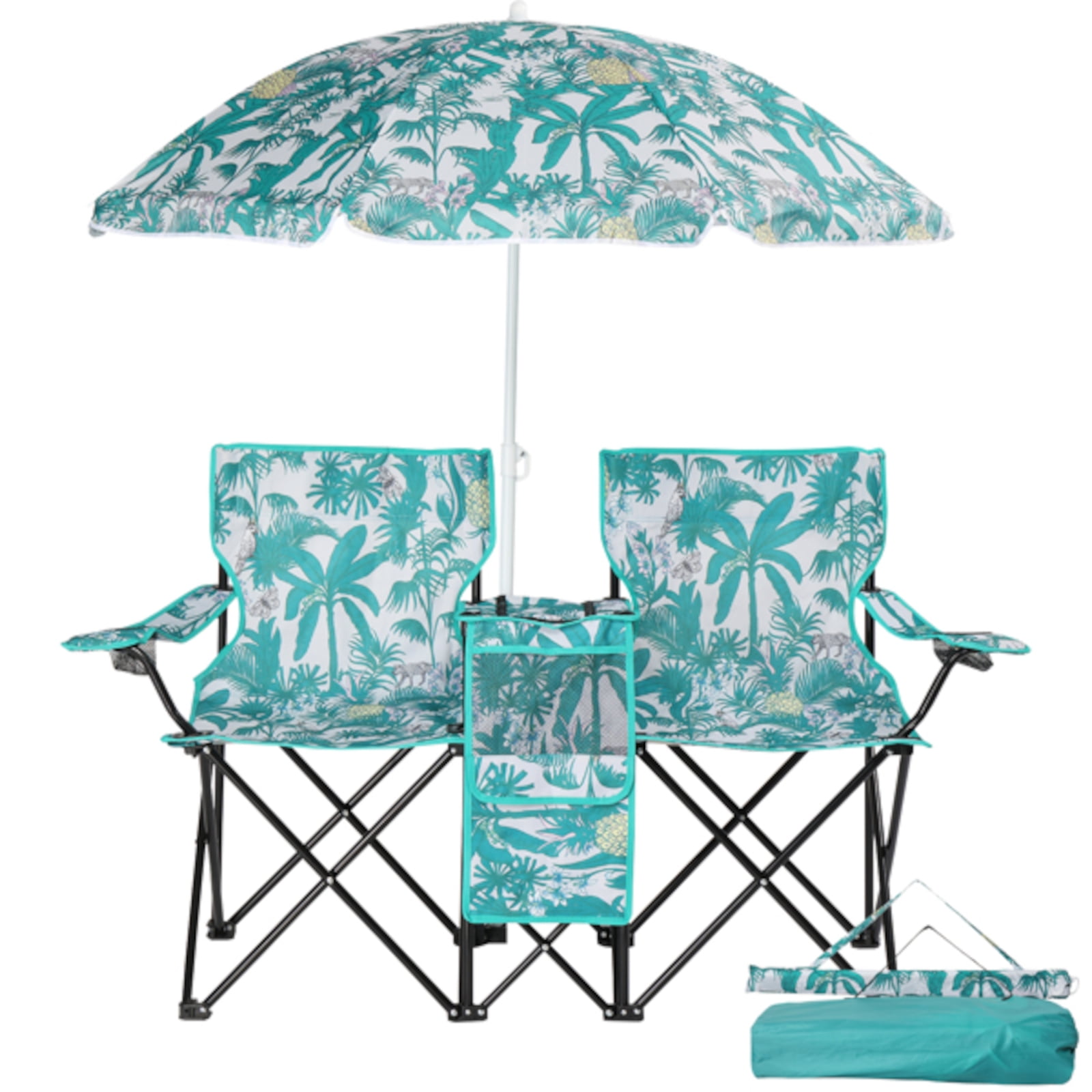 Alvantor Folding 2-Seat Outdoor Chair with Removable Pineapple Umbrella for Beach and Camping